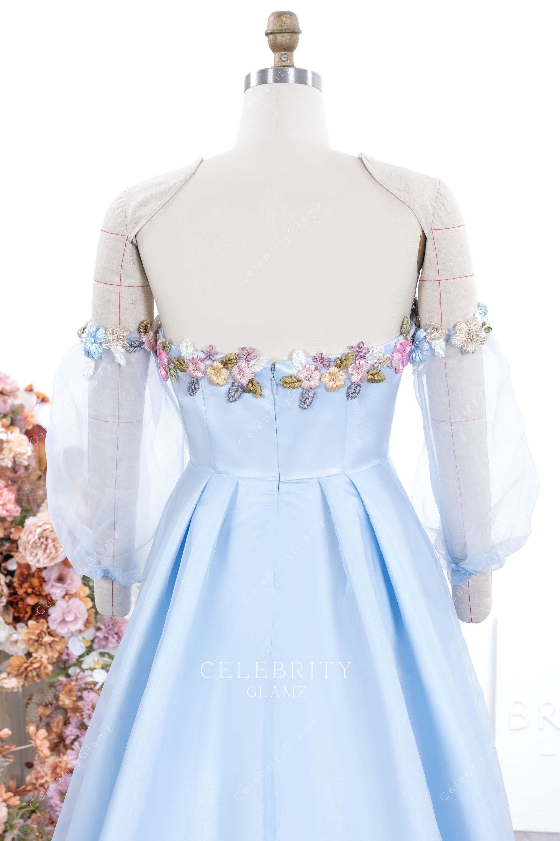 sky blue off shoulder backless formal gown