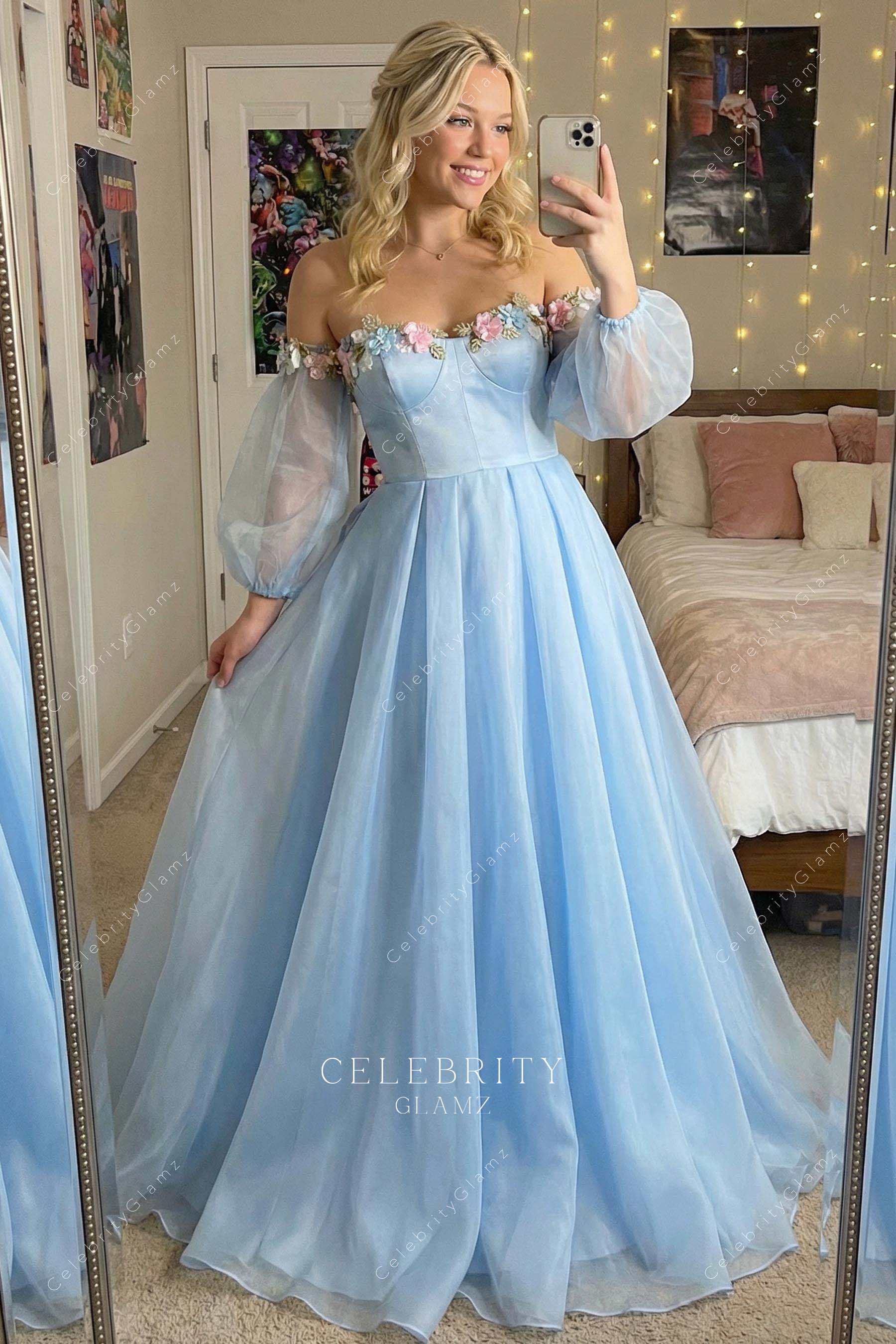 sky blue off shoulder formal gown