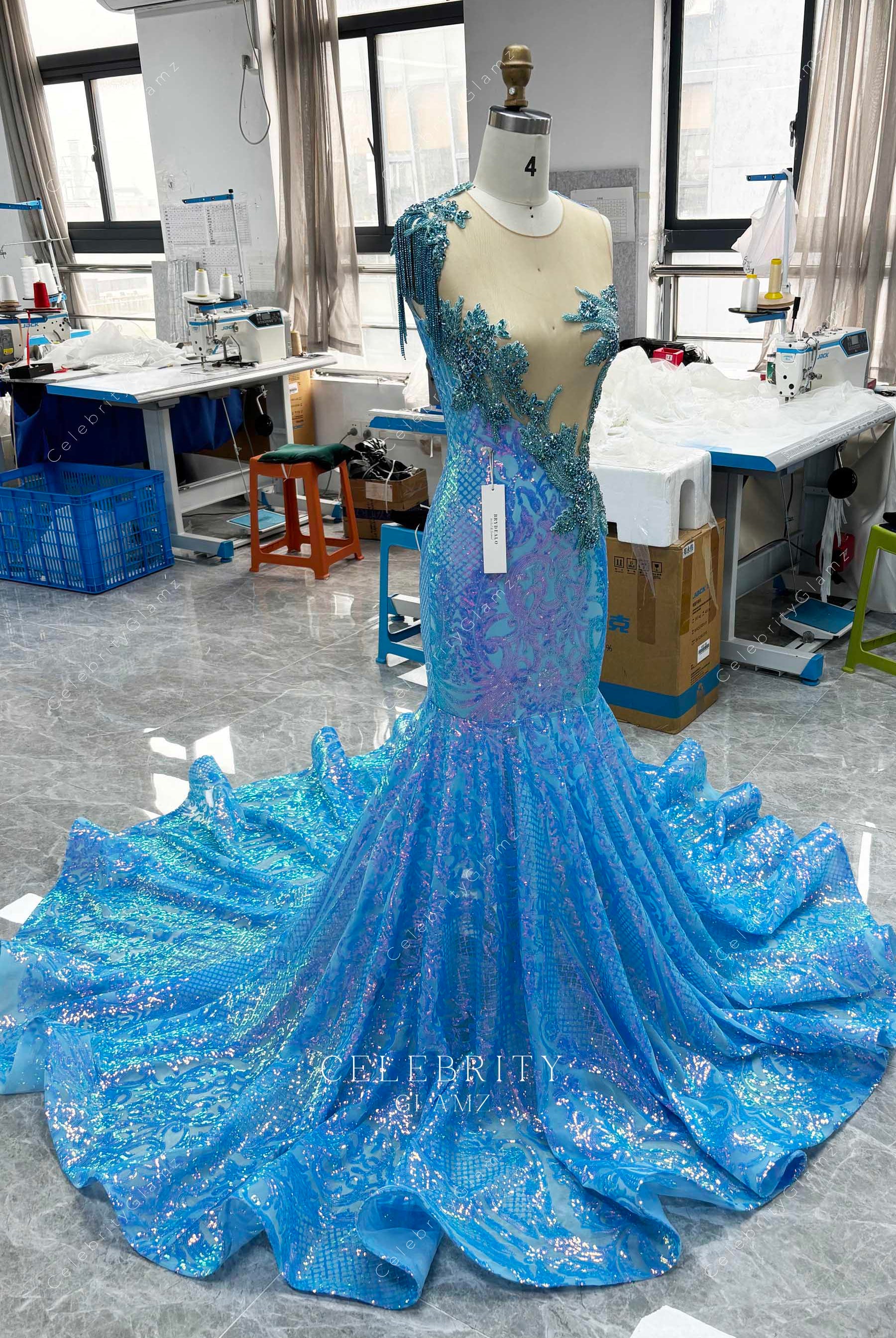 sky blue rhinestones prom dress