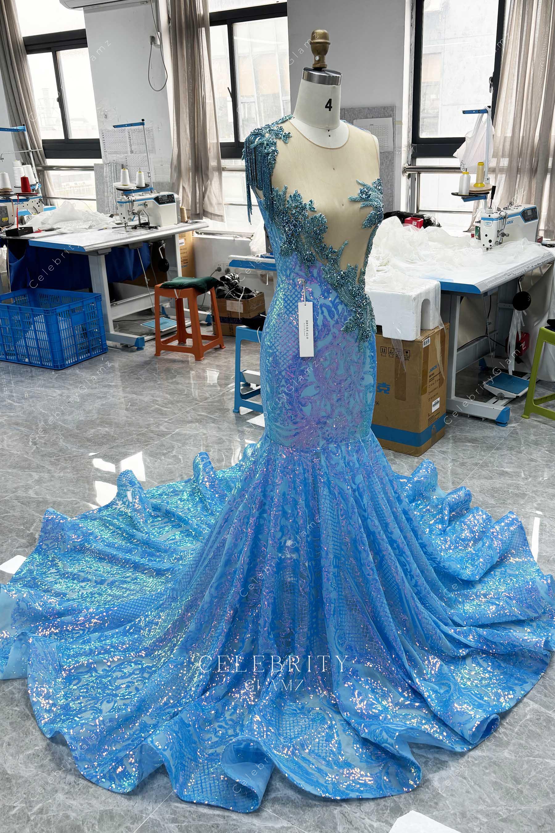 sky blue rhinestones prom dress