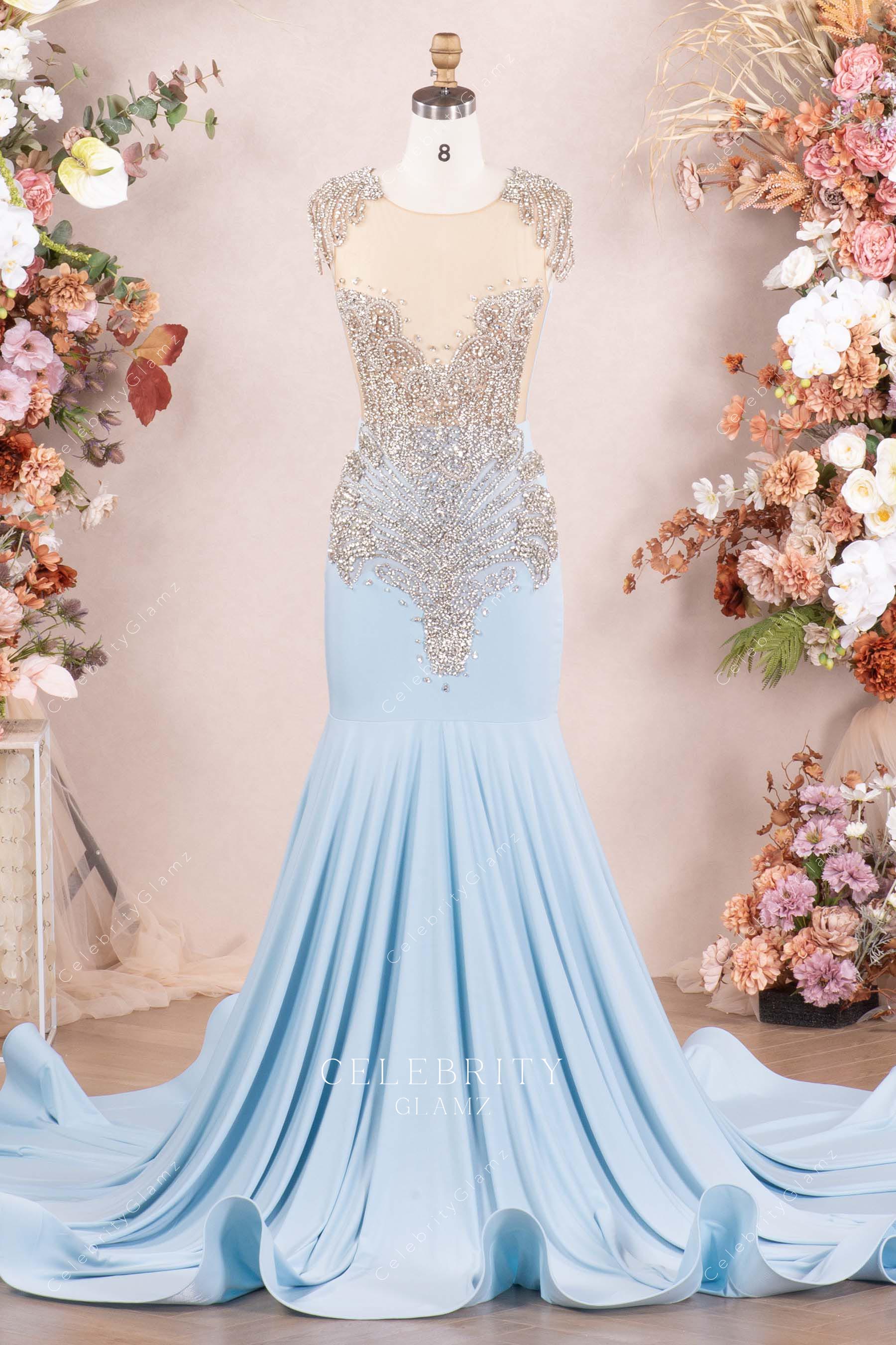 sky blue rhinestones trumpet prom dress