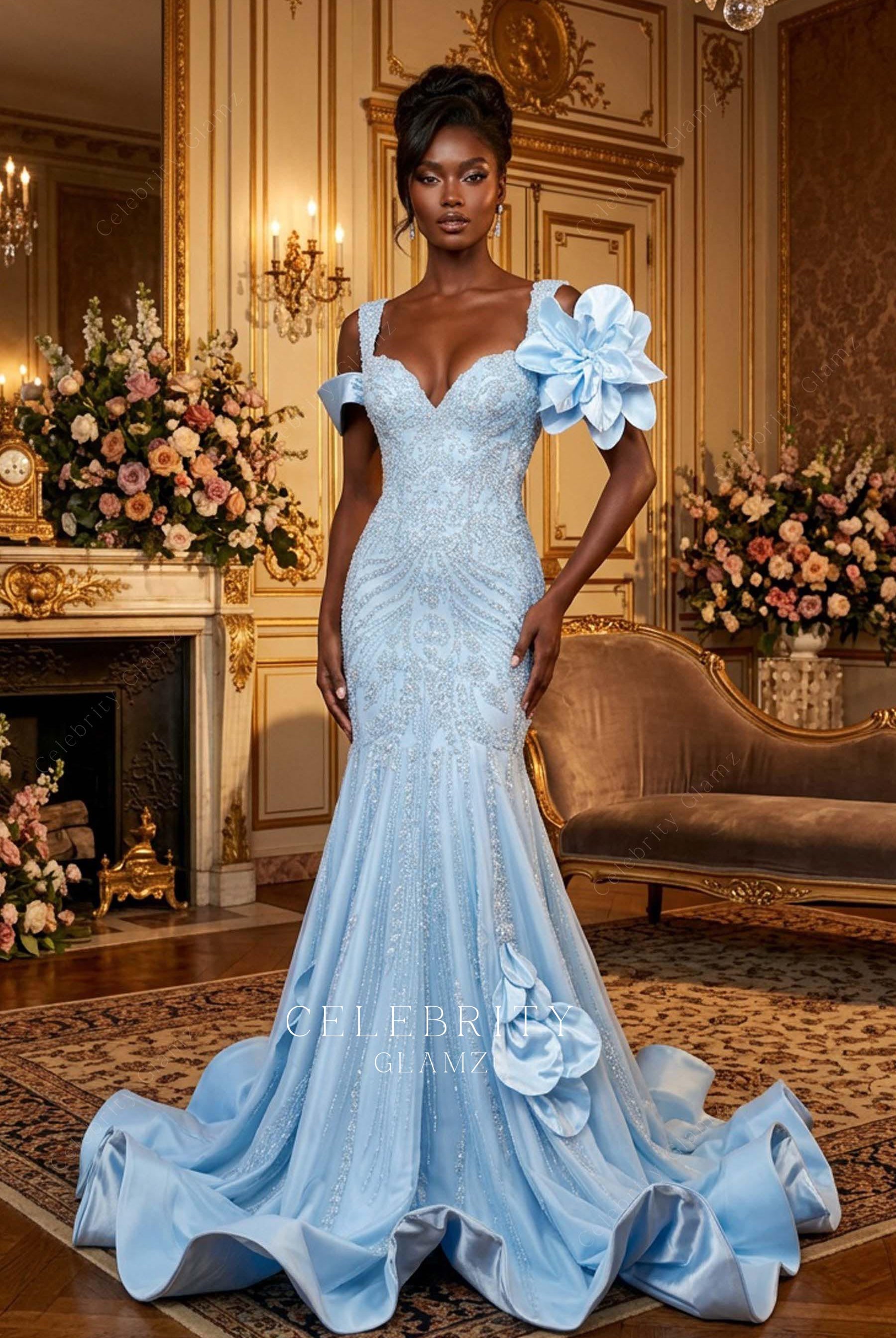 sky blue rhinestones trumpet prom dress