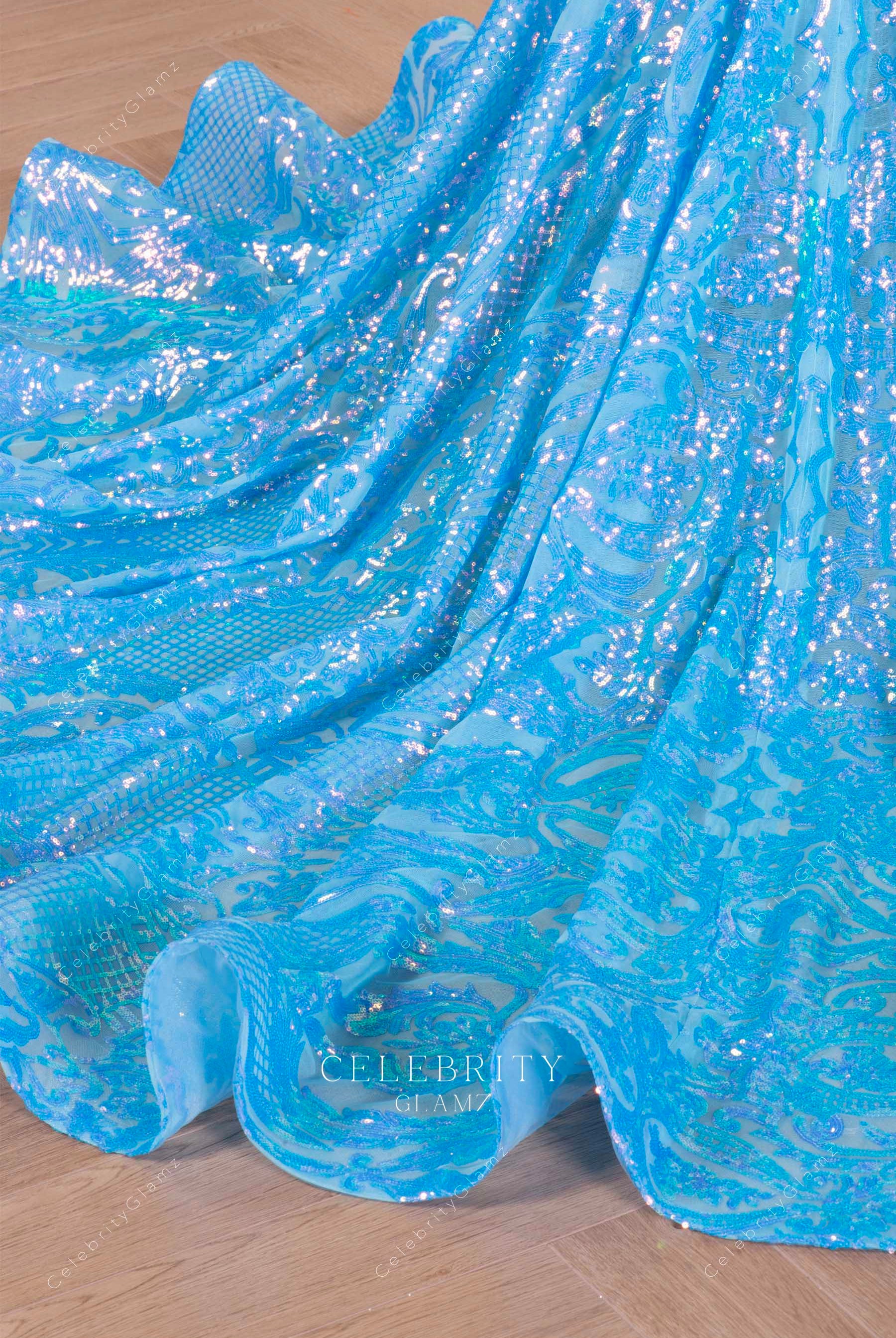 sky blue sequin embroidery prom dress