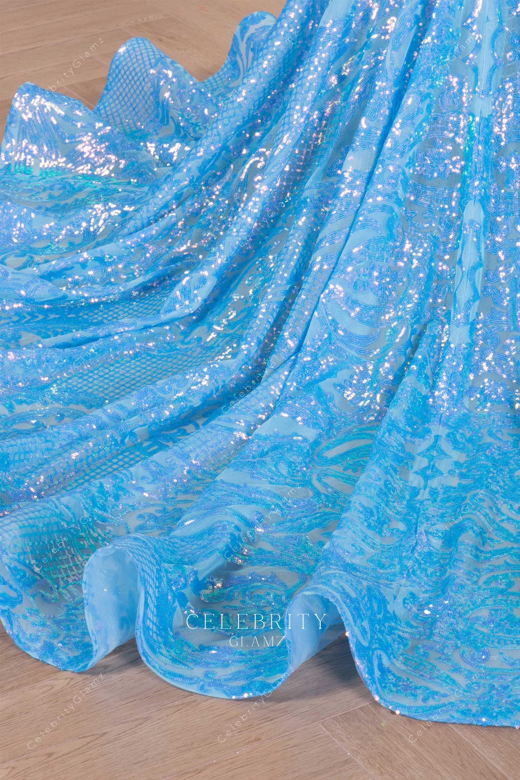 sky blue sequin embroidery prom dress