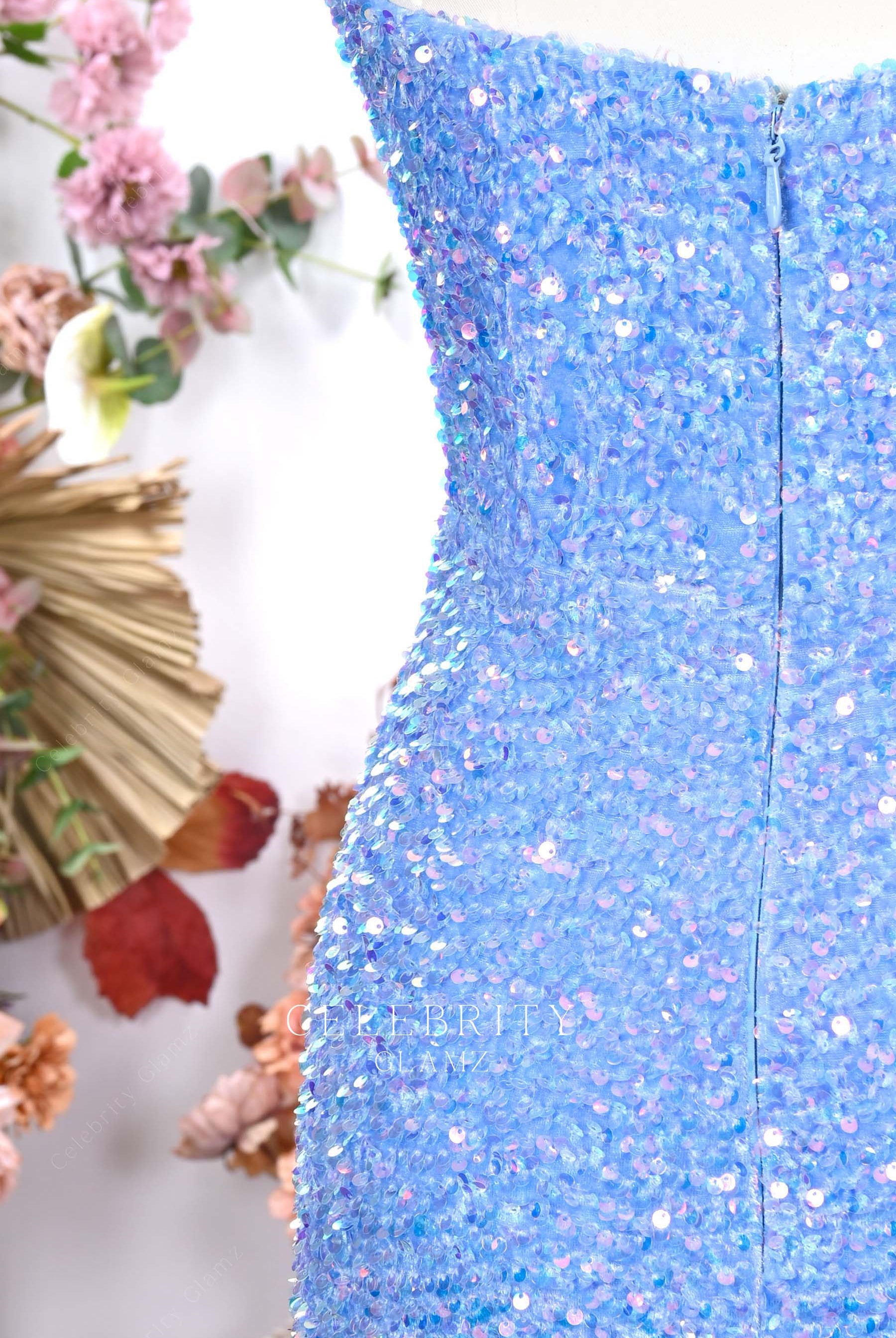 sky blue sequin fitted prom dress