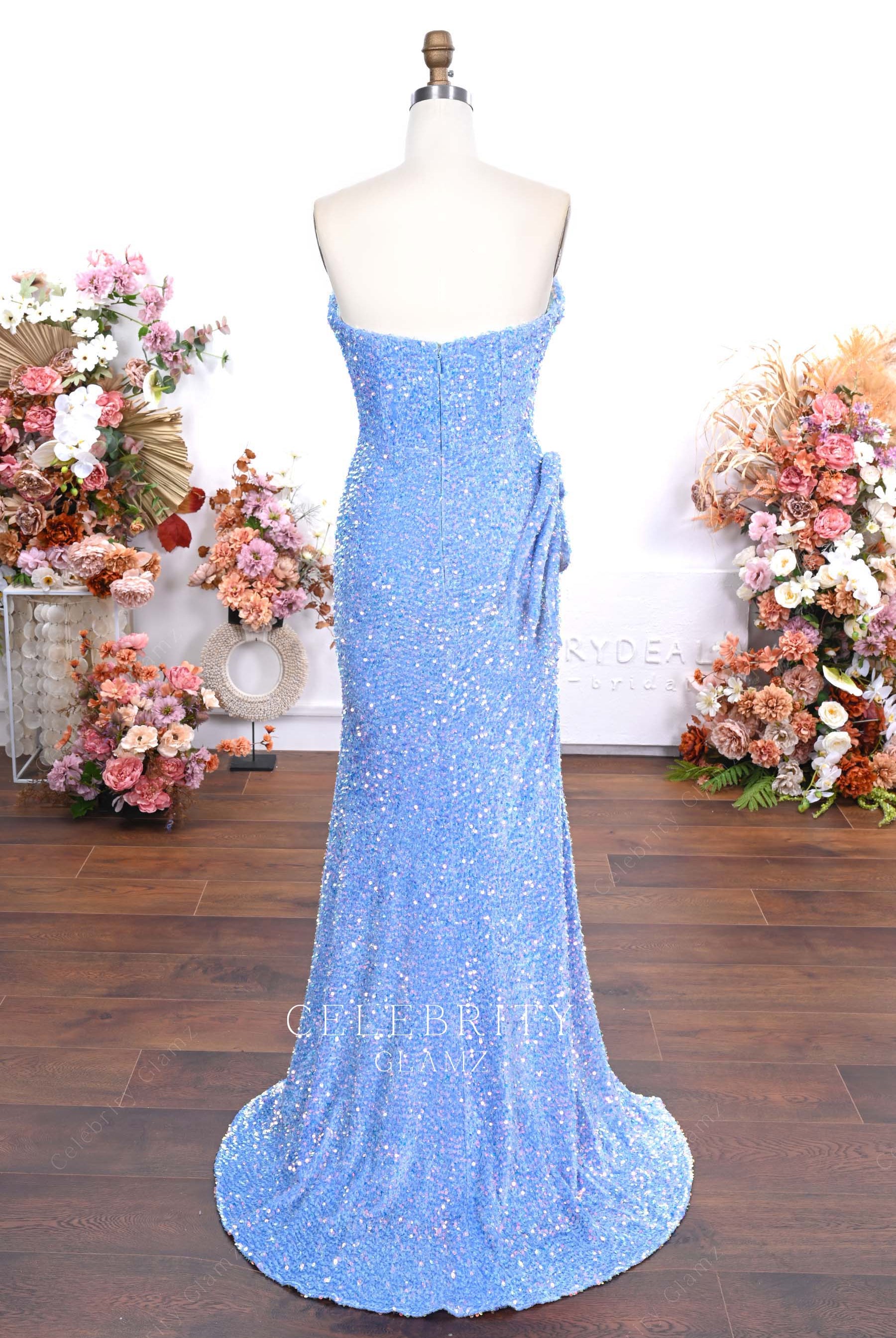 sky blue sequin sweep train prom dress