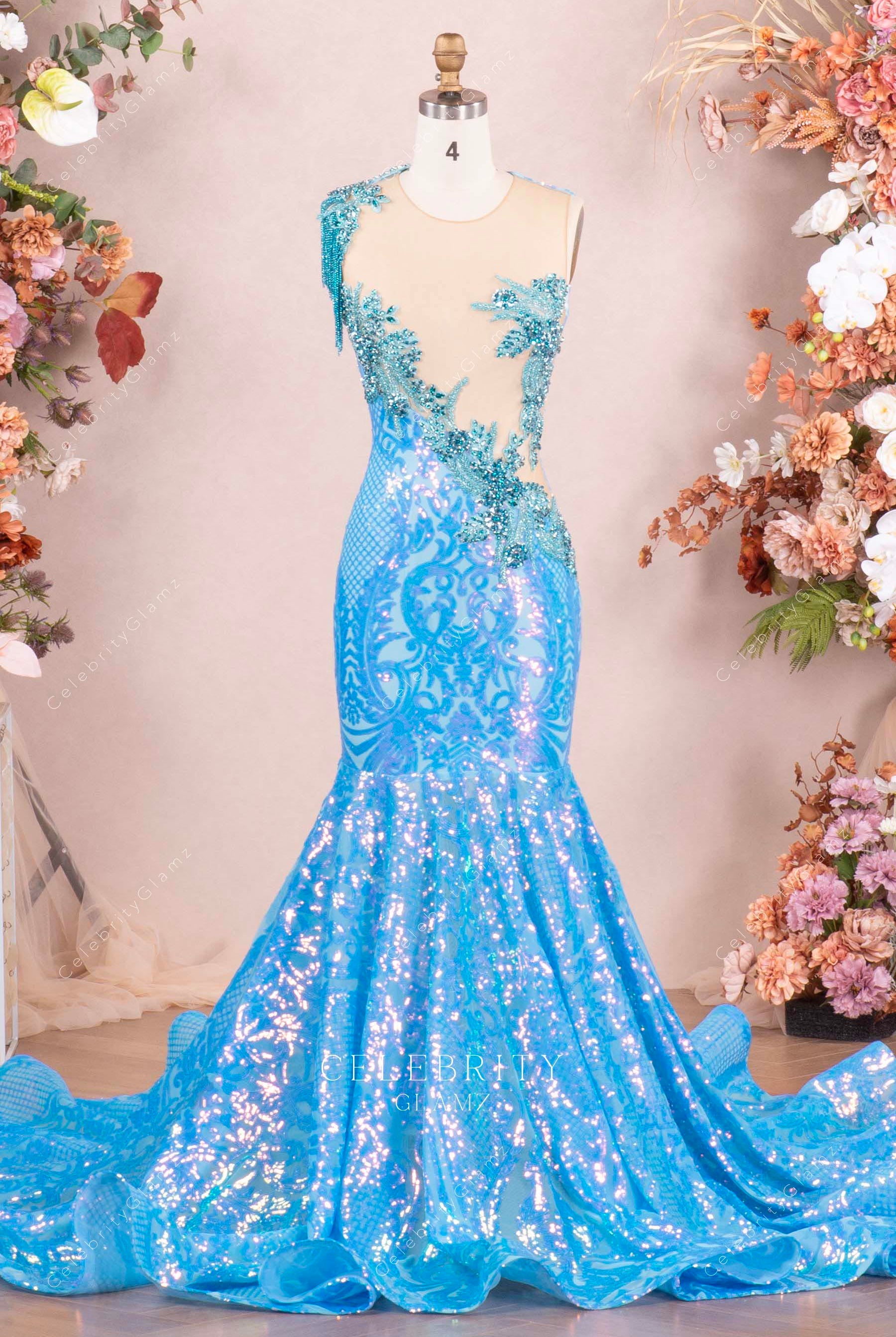 sky blue sequin trumpet formal dress