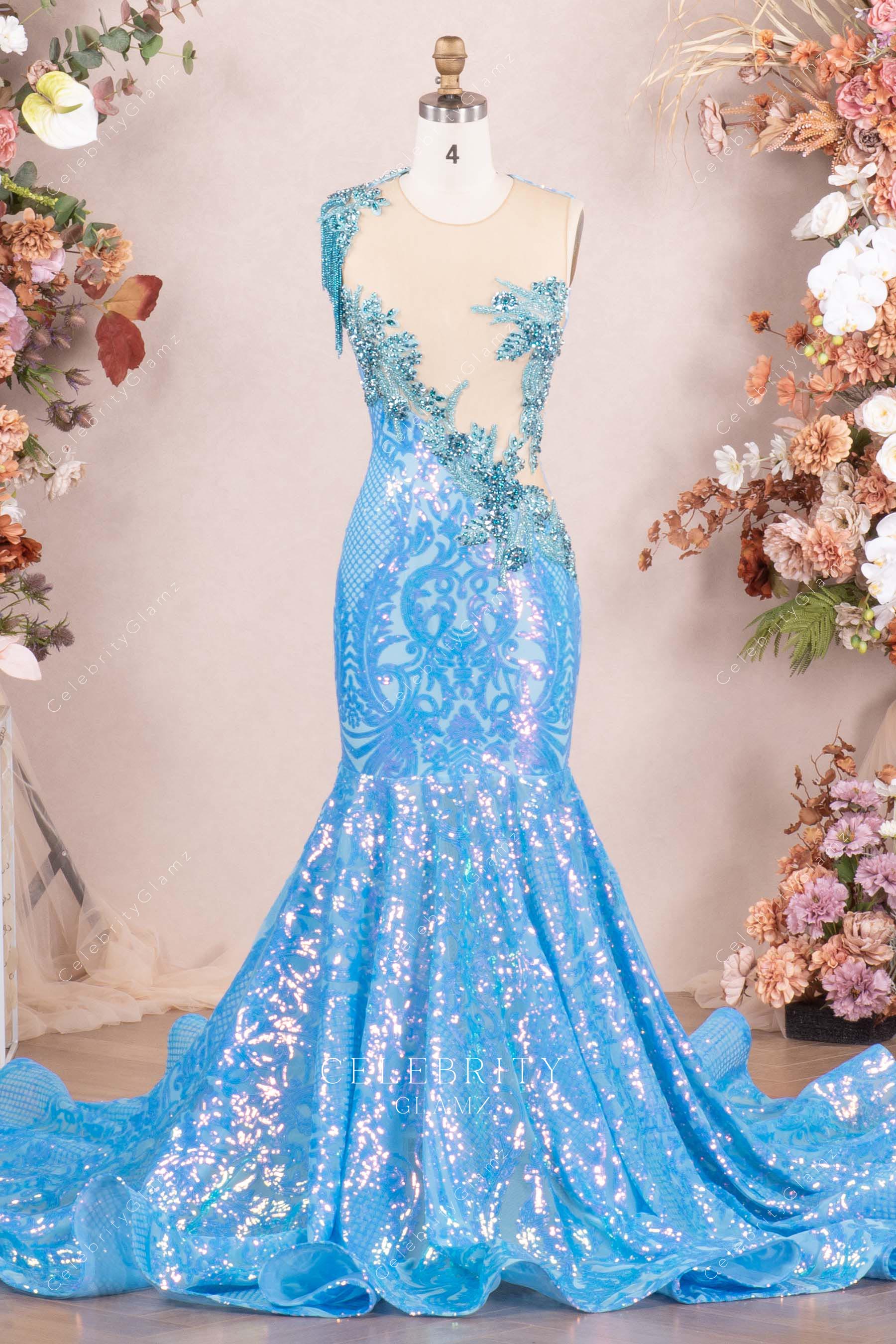 sky blue sequin trumpet formal dress