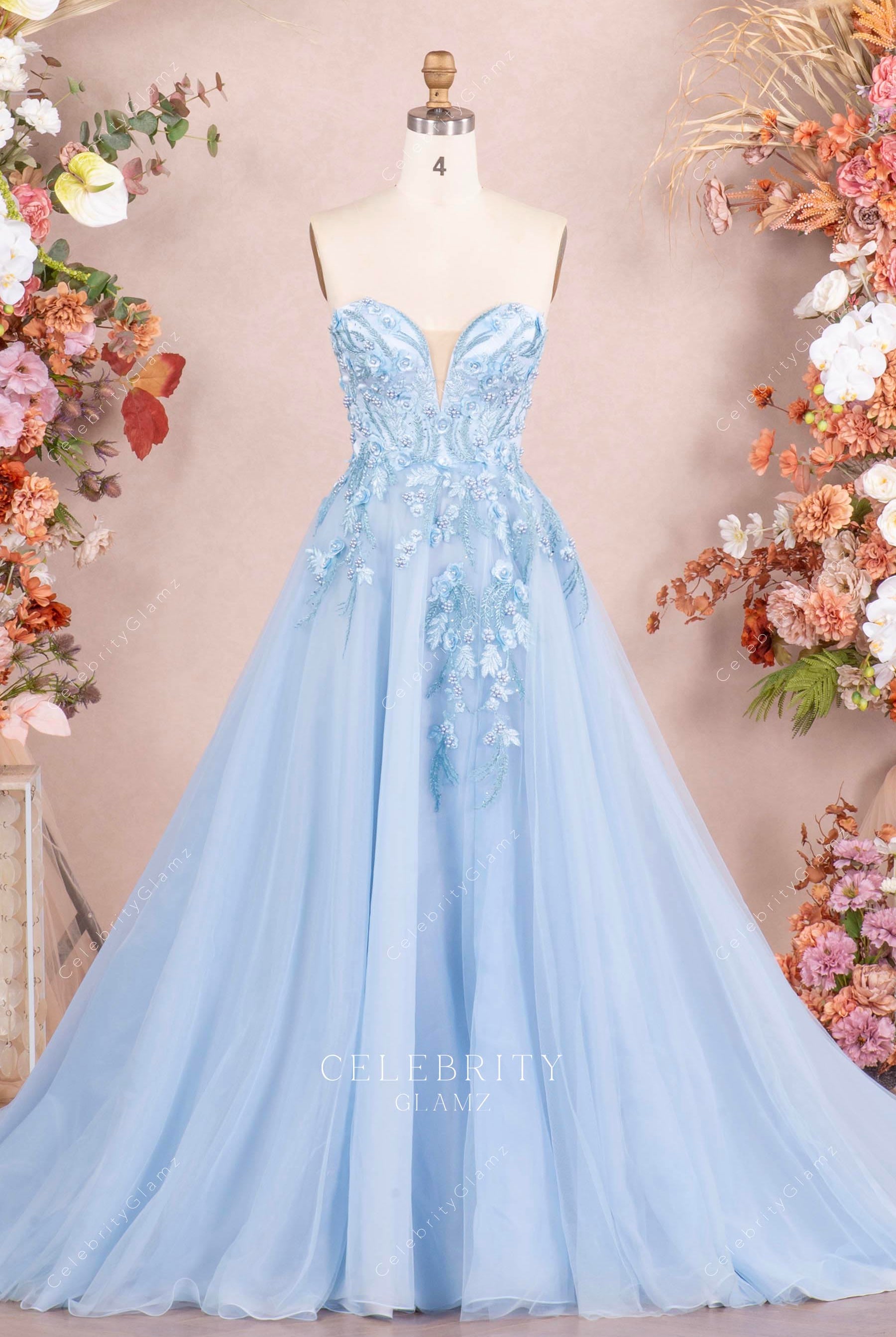 sky blue strapless prom dress