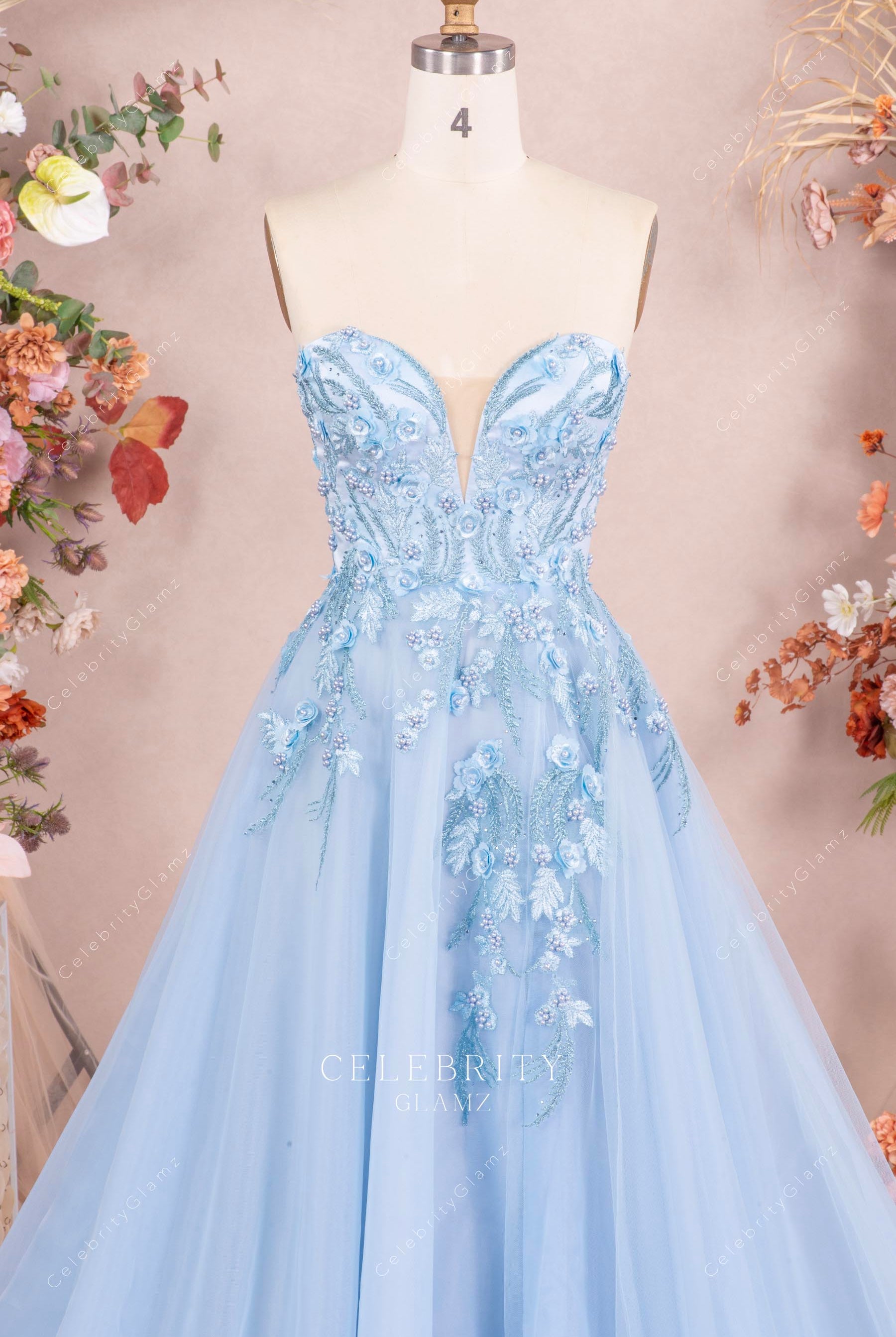 sky blue sweetheart neck prom dress