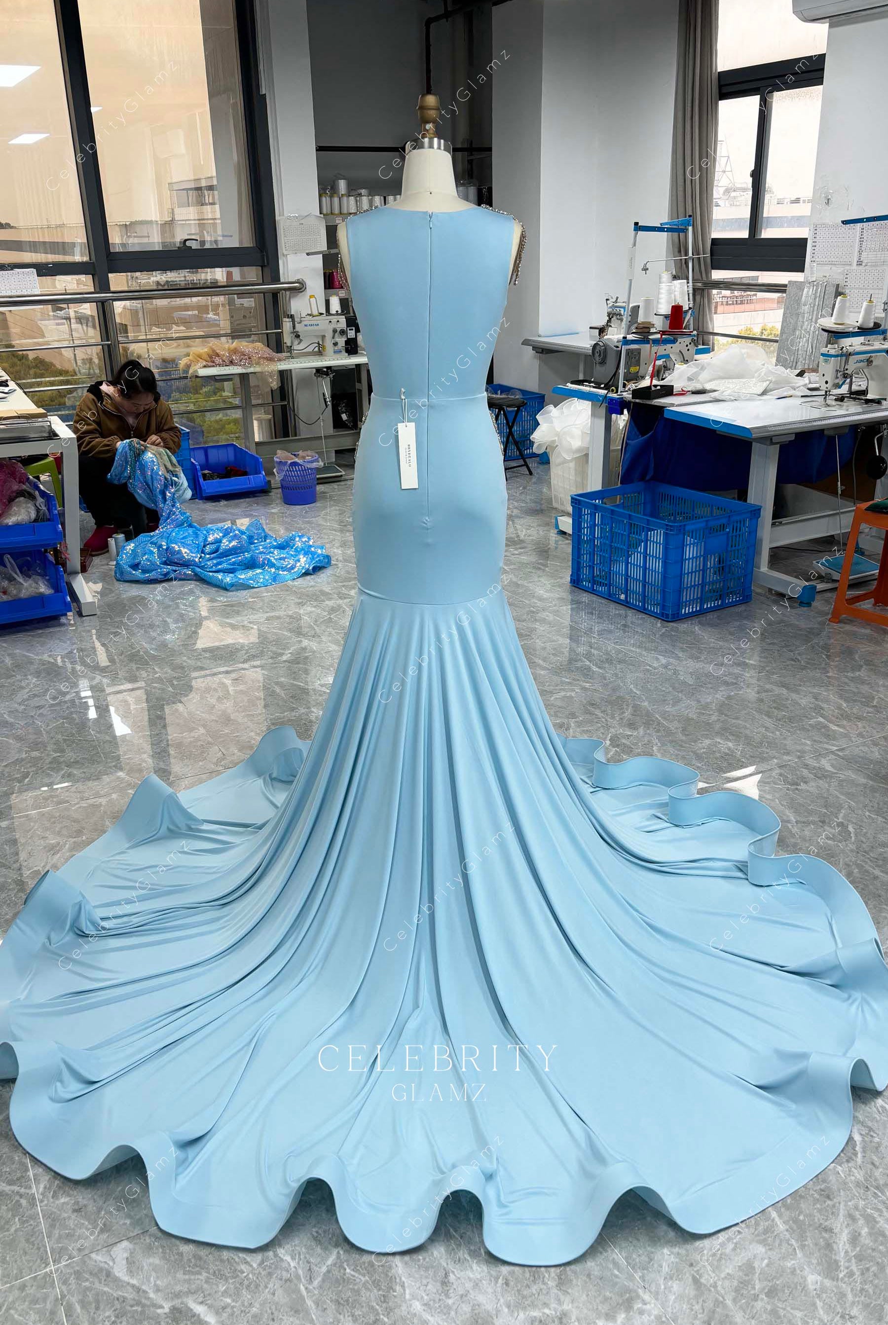 sky blue trumpet chapel train prom dress