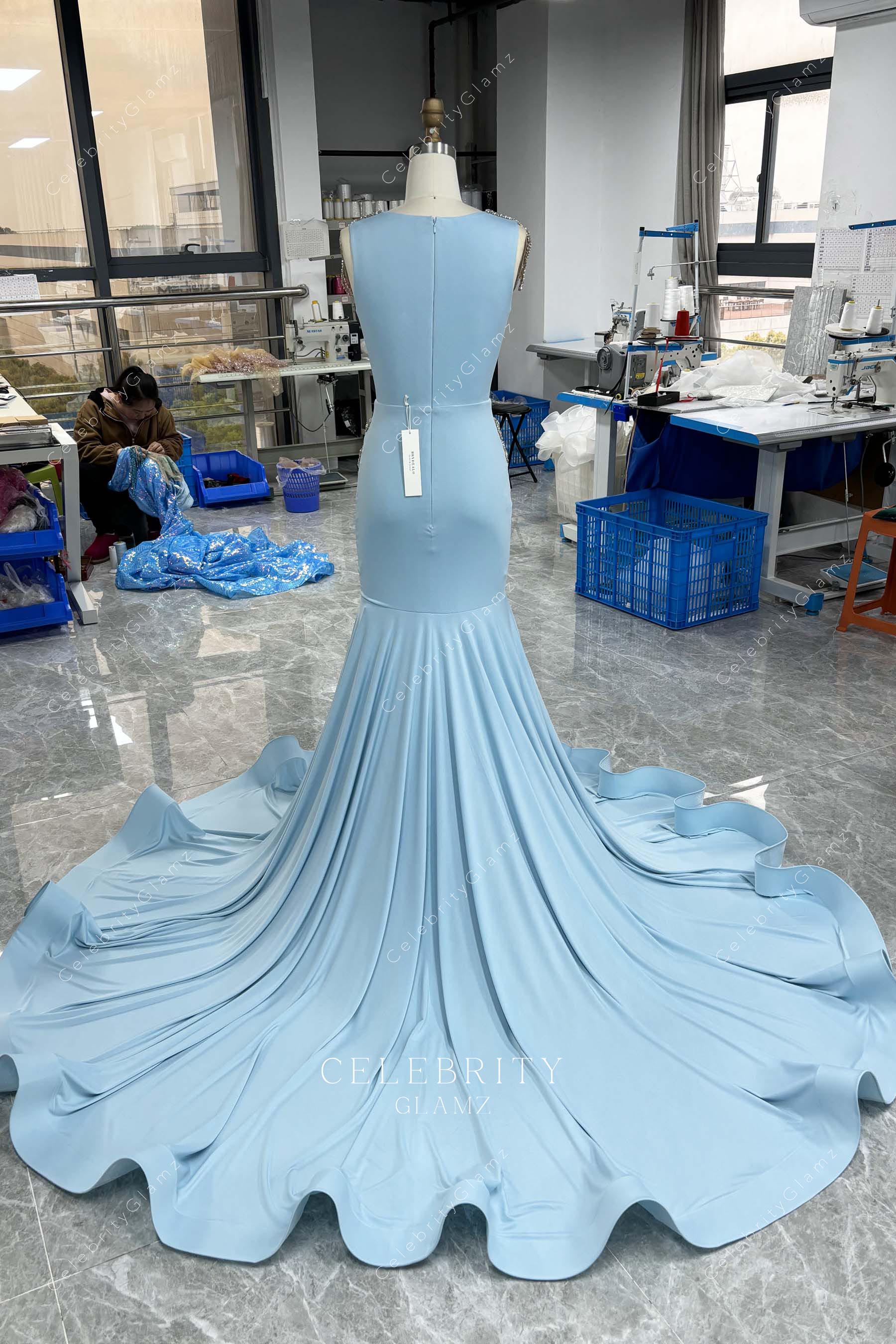 sky blue trumpet chapel train prom dress