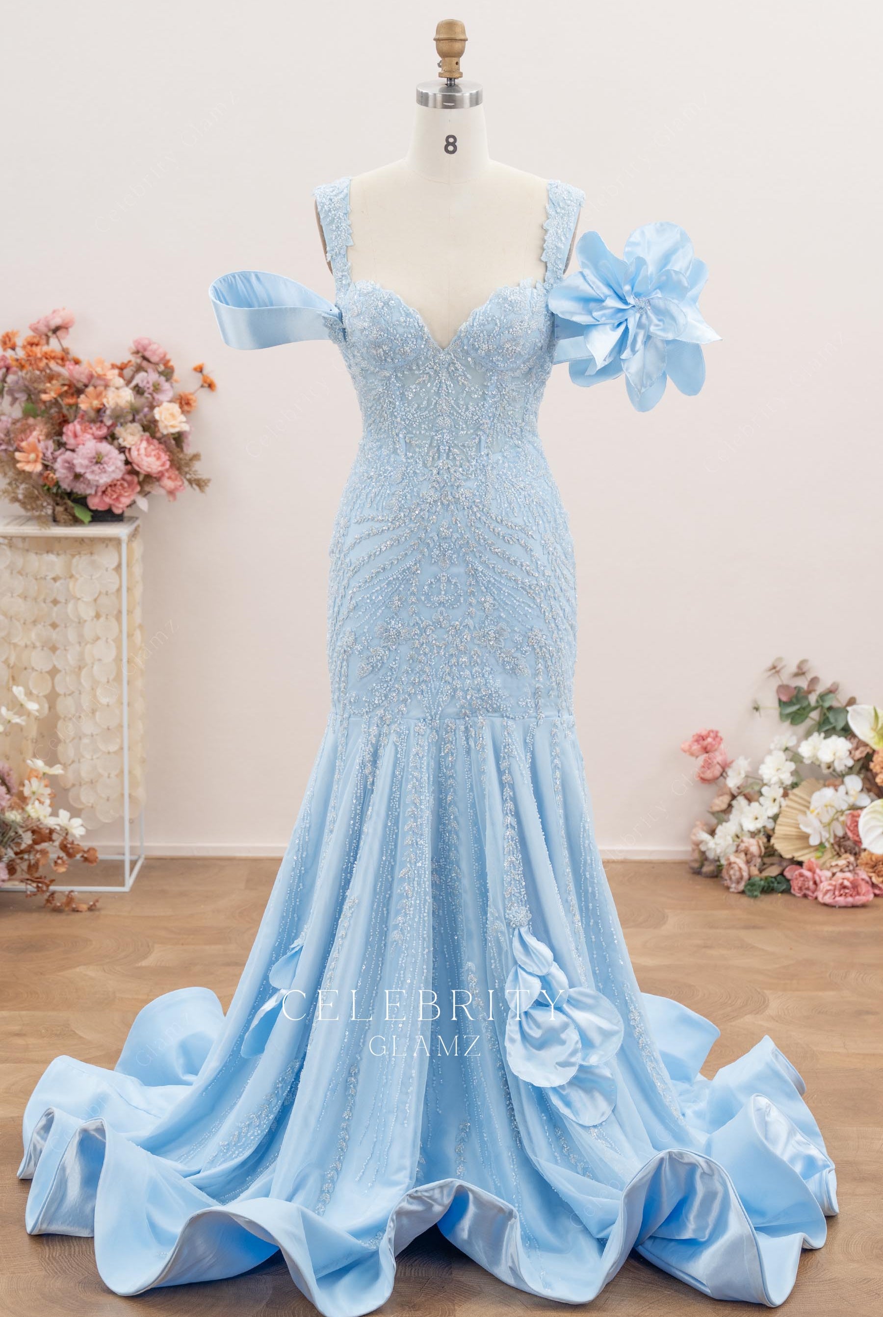 sky blue wide straps mermaid prom dress