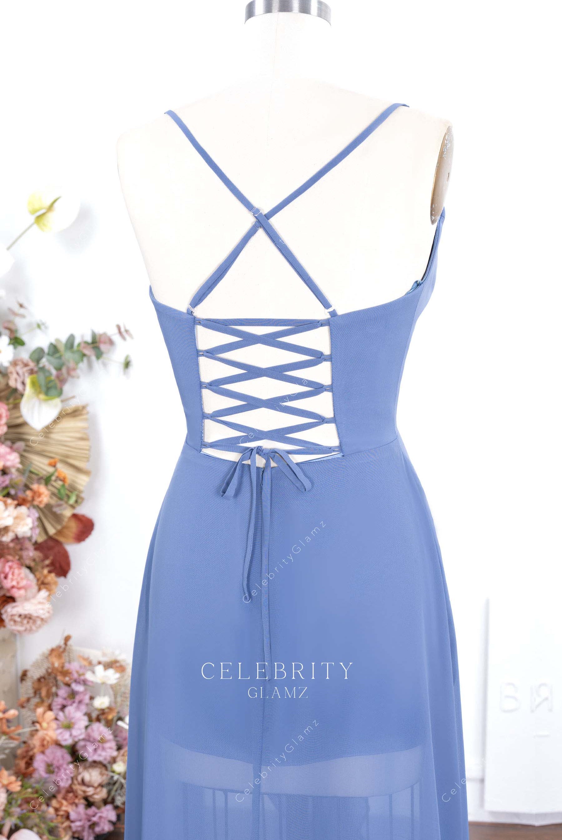 slate blue chiffon crisscross back formal dress