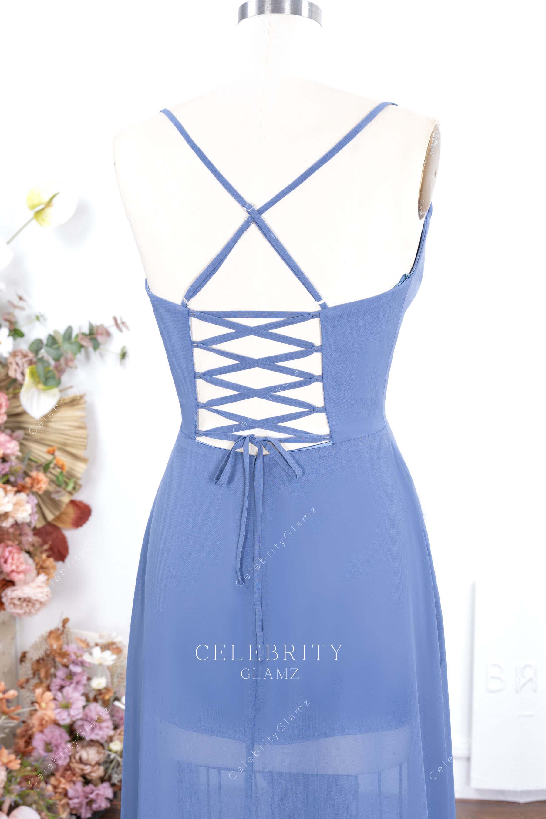 slate blue chiffon crisscross back formal dress