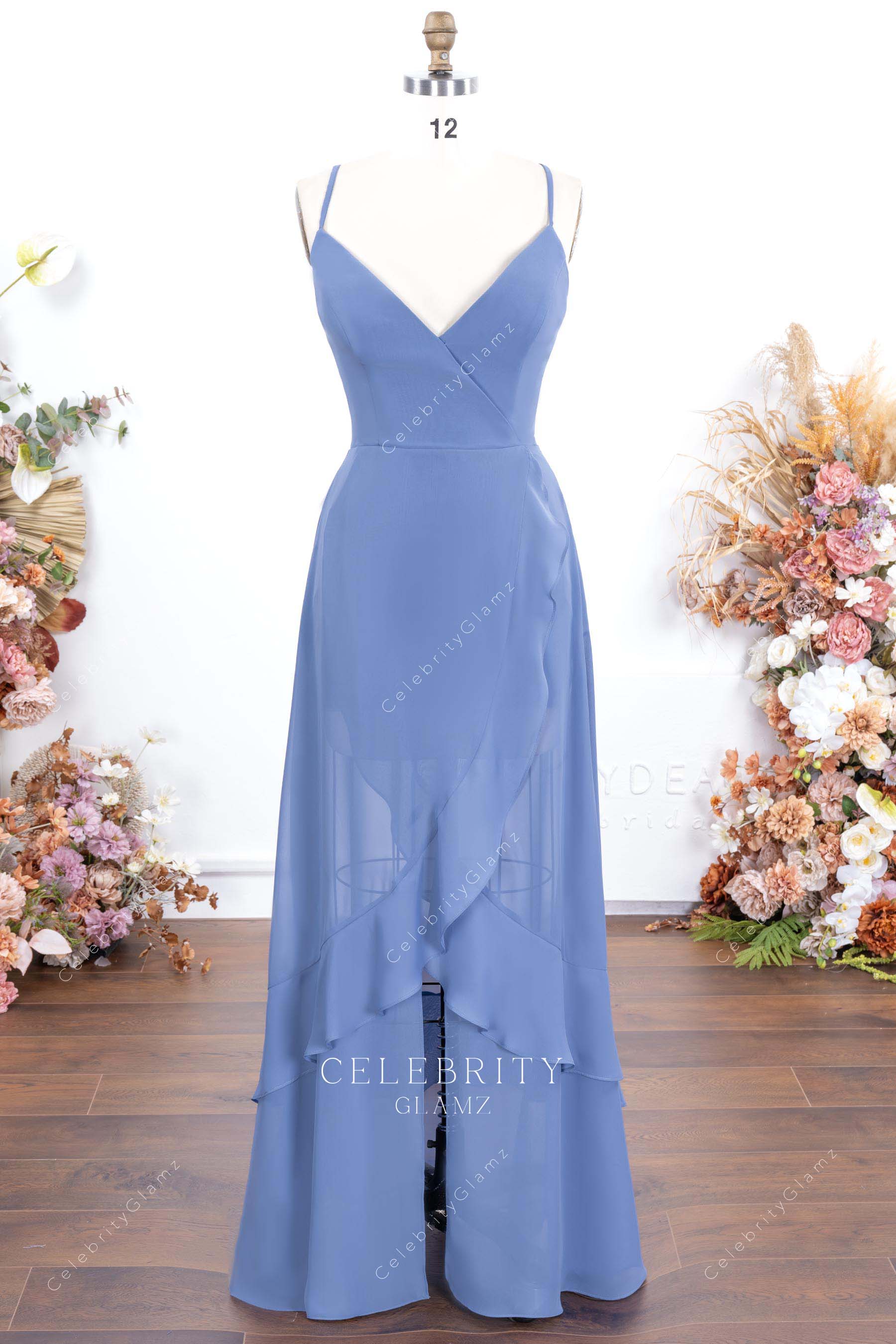 slate blue chiffon floor length bridesmaid dress