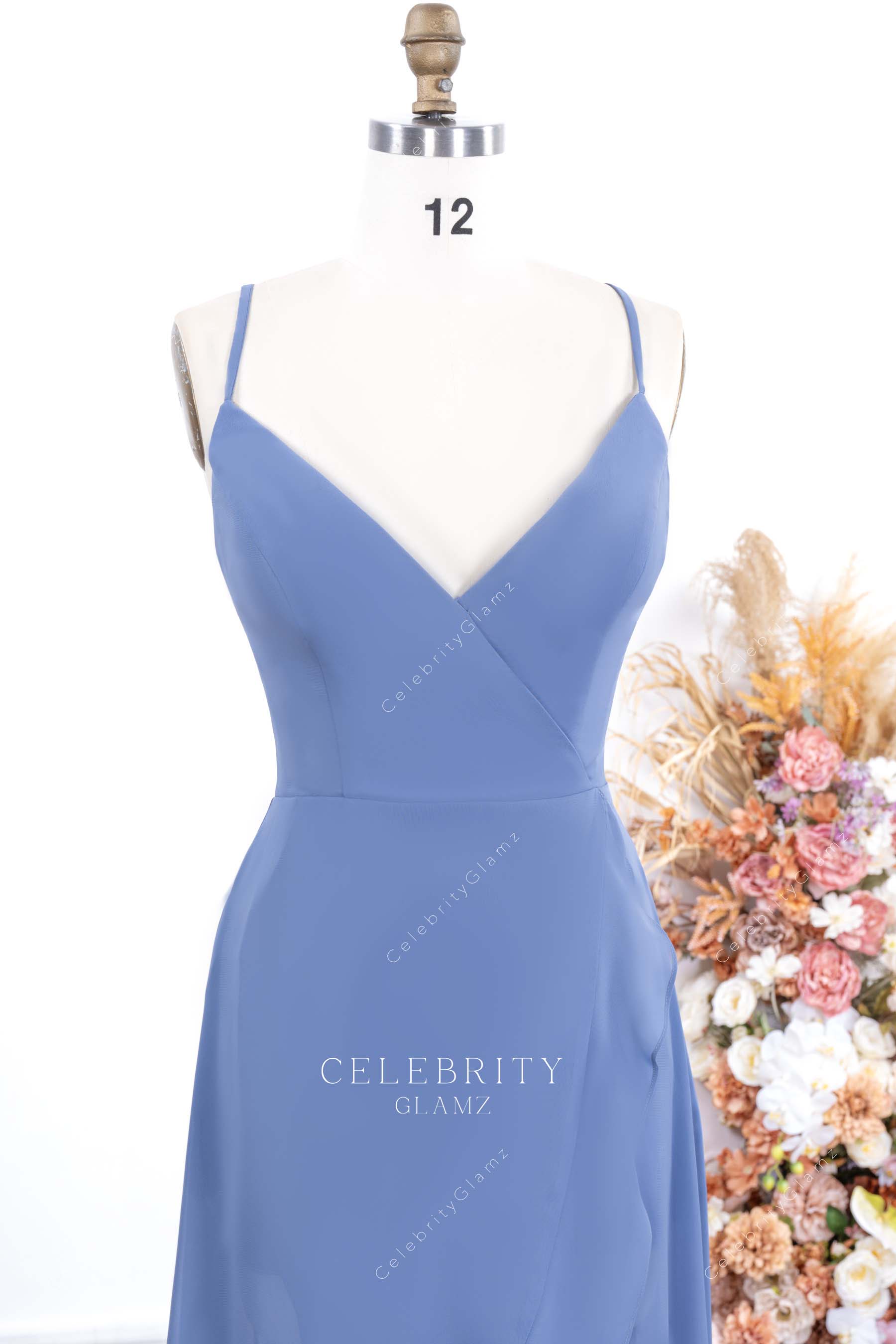 slate blue v neck formal dress