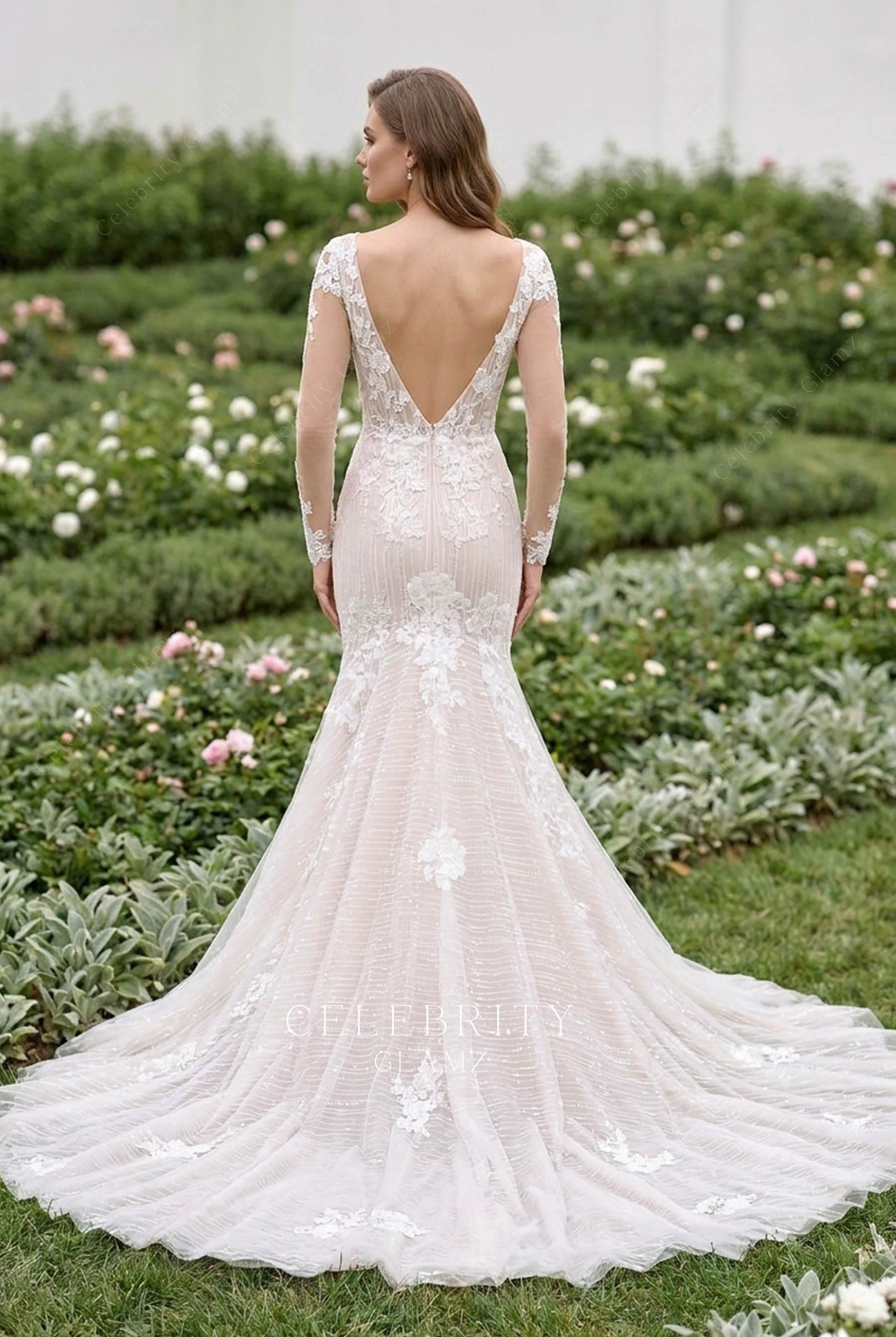 sleeved shimmery lace chapel train wedding dress