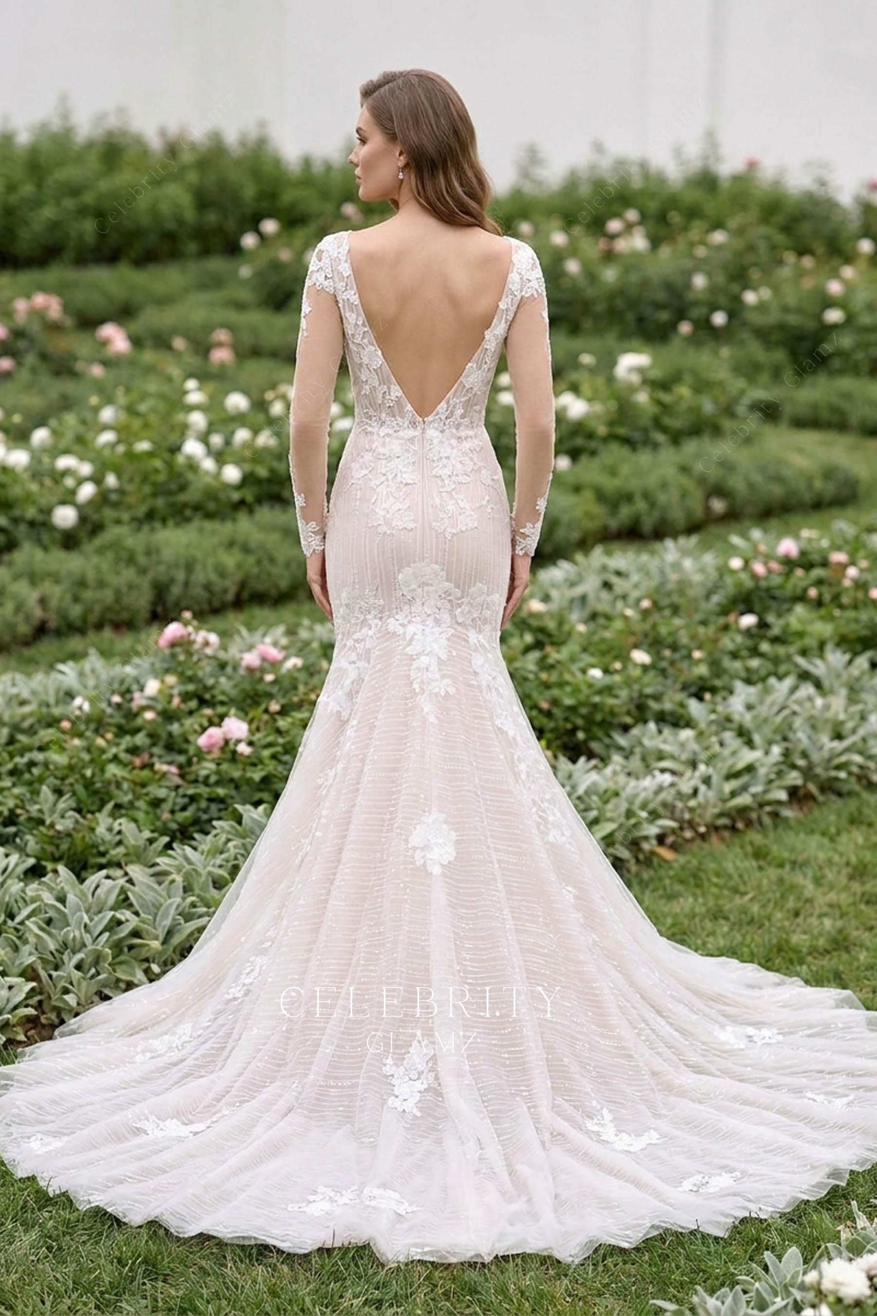 sleeved shimmery lace chapel train wedding dress