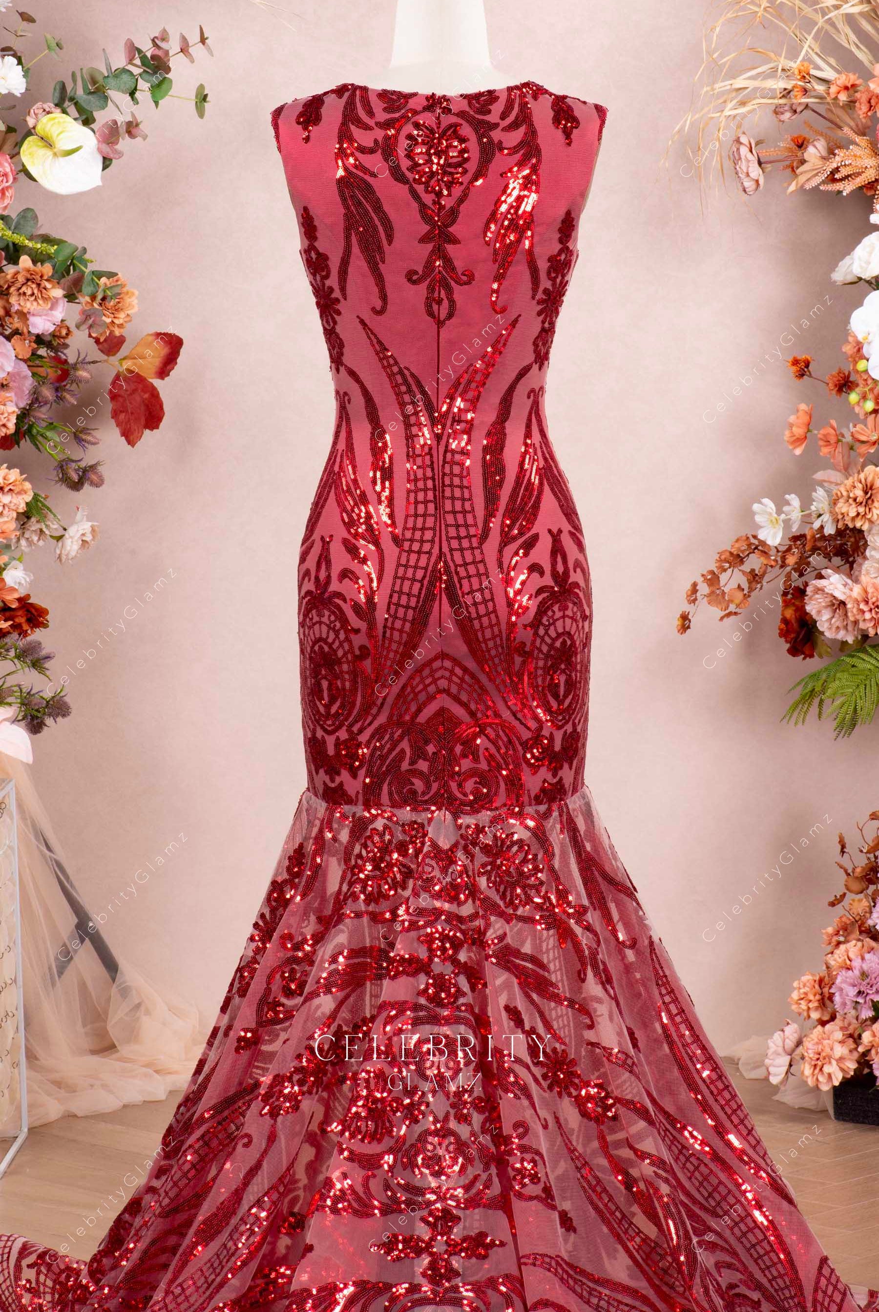 sleeveless wine sequin trumpet formal dress