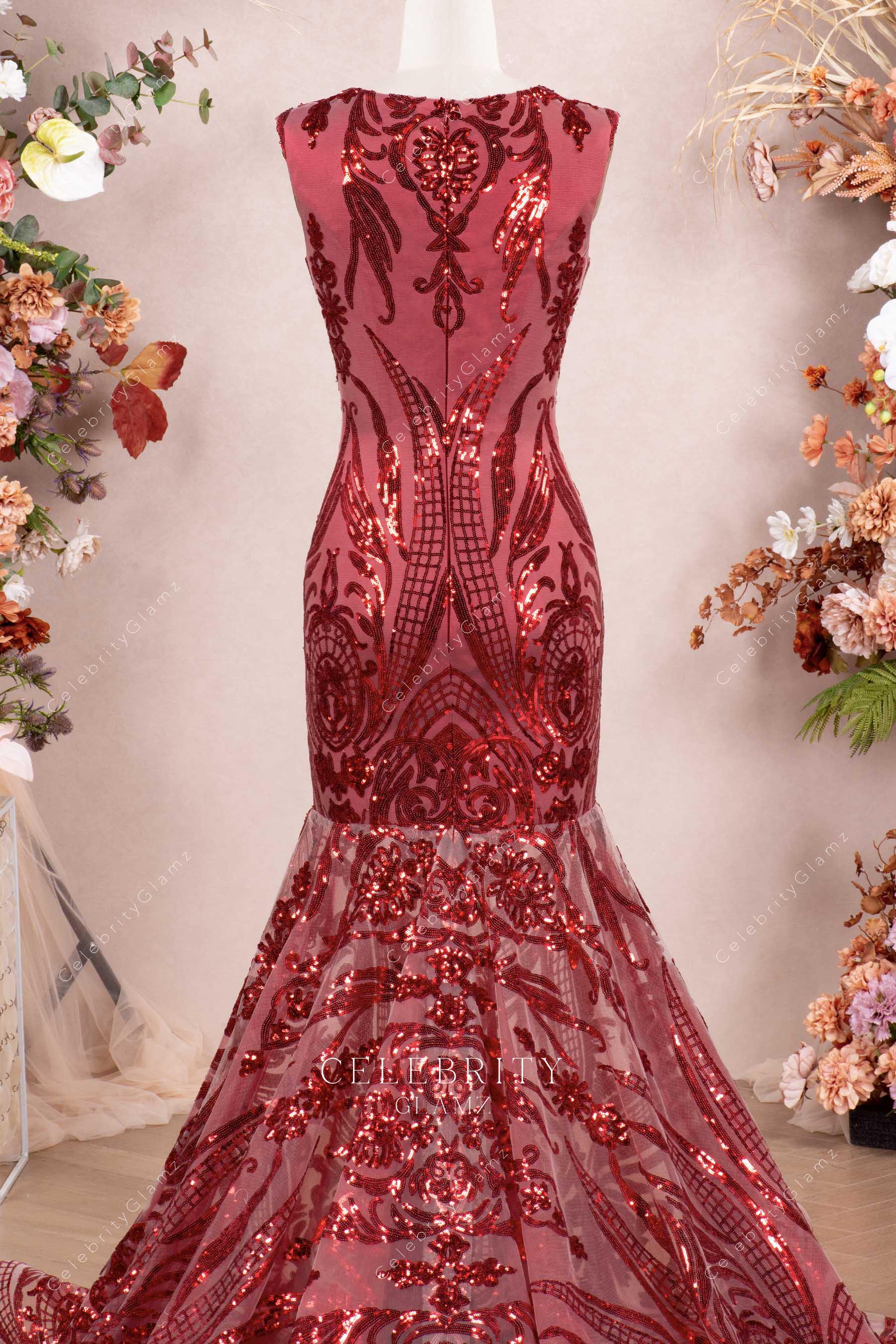 sleeveless wine sequin trumpet formal dress