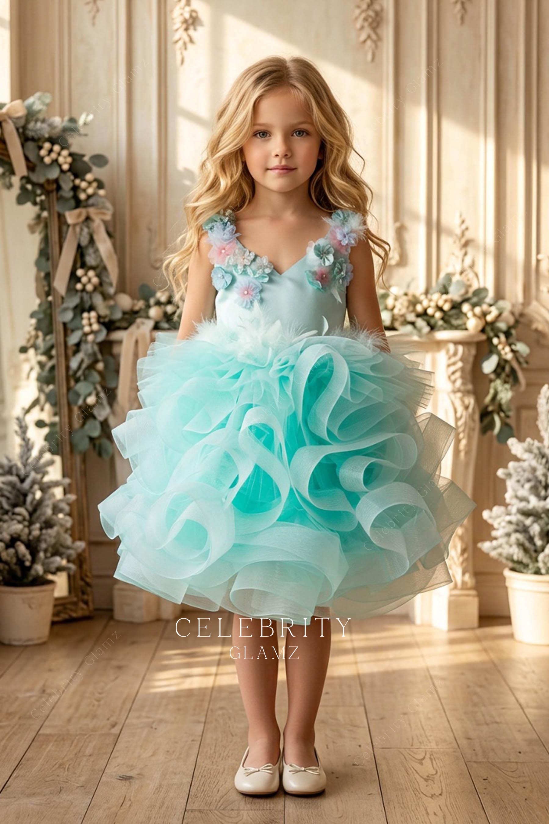 spa green 3d floral flower girl dress
