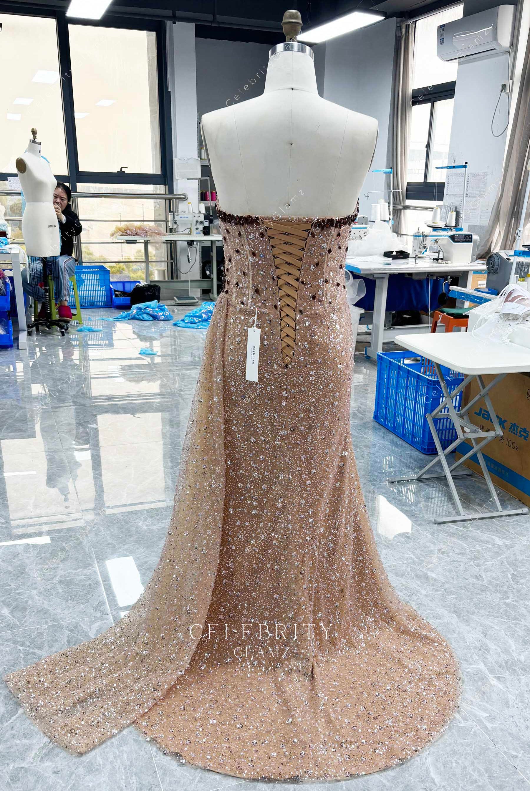 sparkly coffee court train prom dress