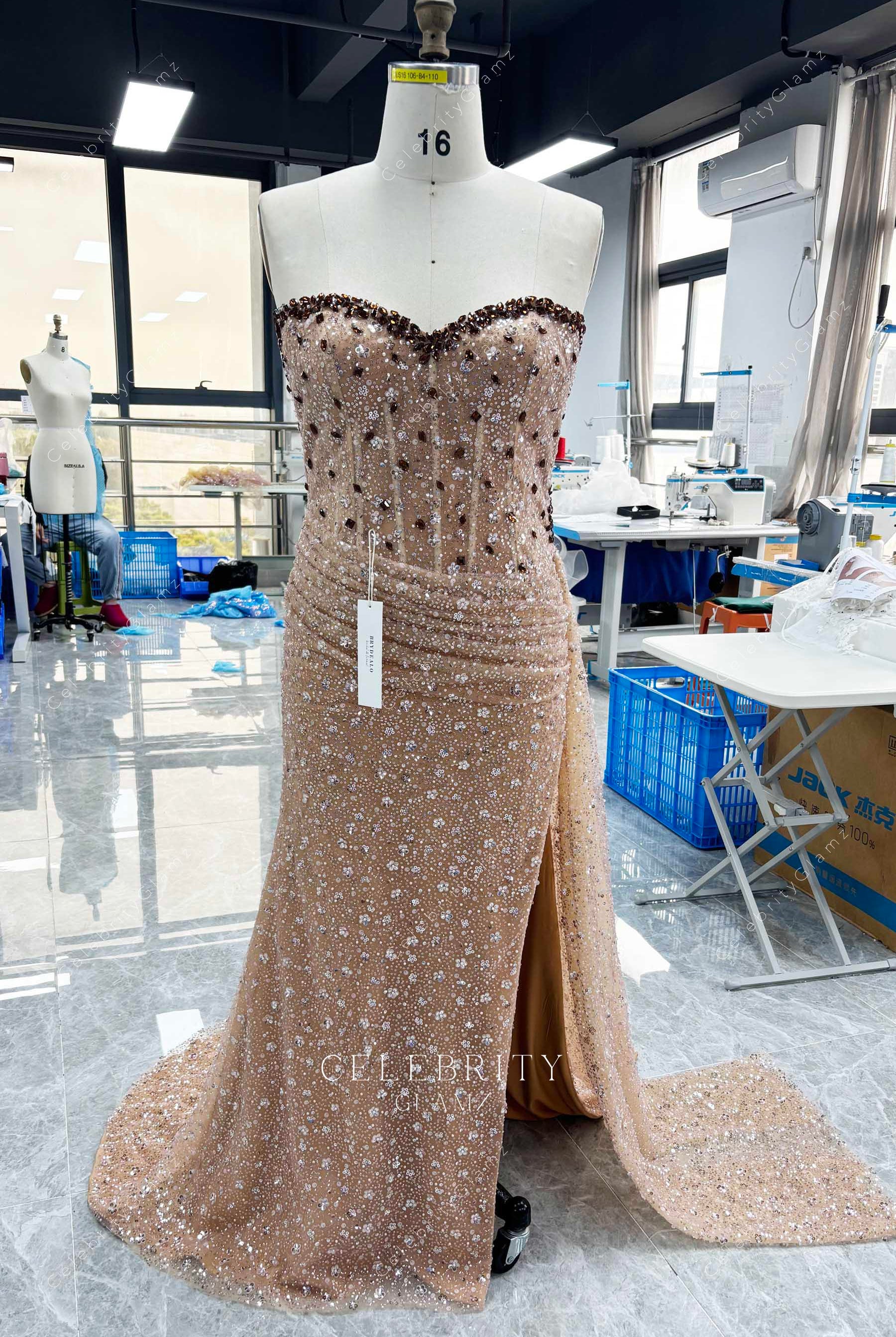 sparkly coffee high slit prom dress