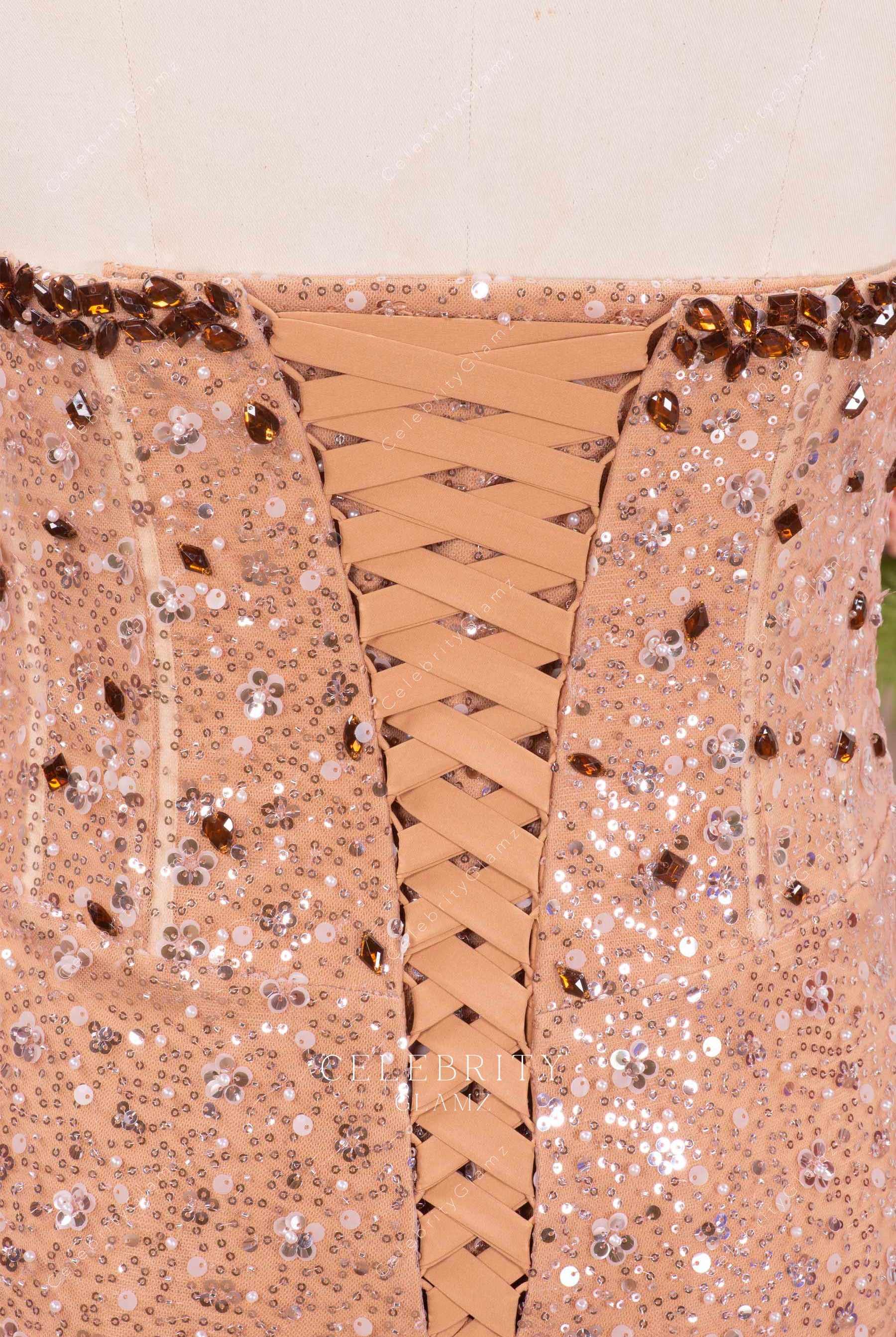 sparkly coffee lace up back prom dress