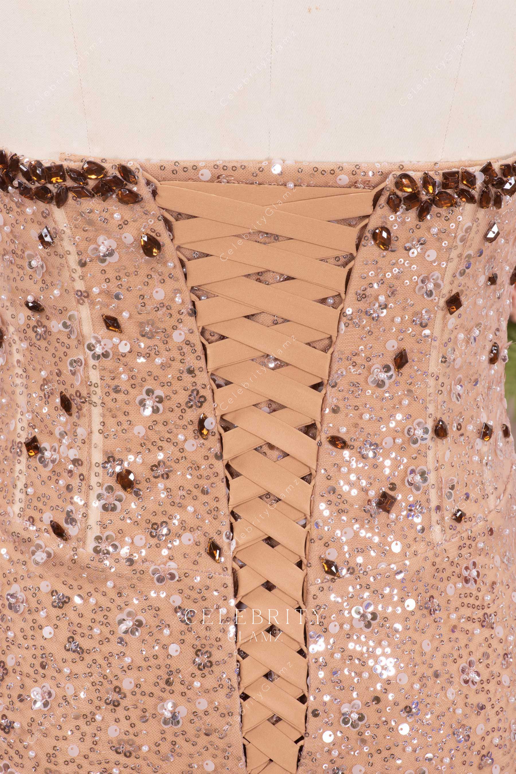 sparkly coffee lace up back prom dress