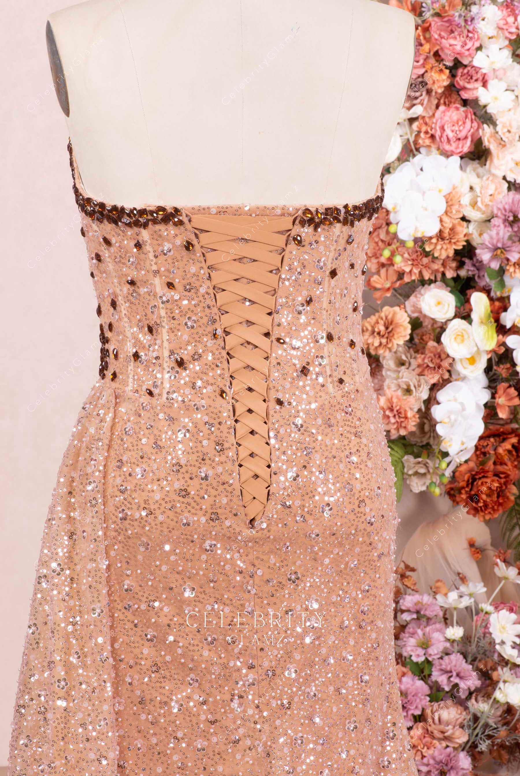 sparkly coffee open back prom dress