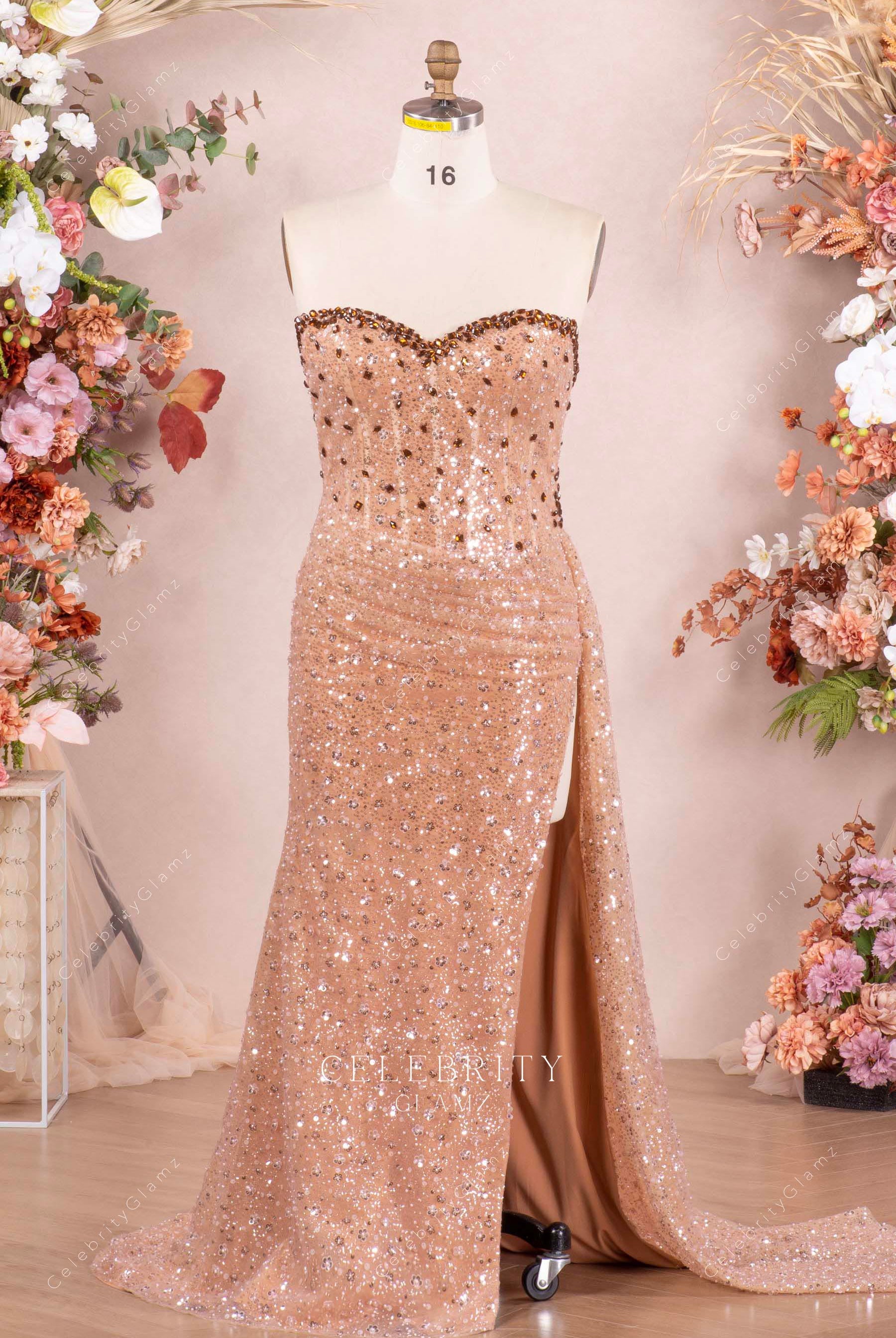 sparkly coffee strapless prom dress
