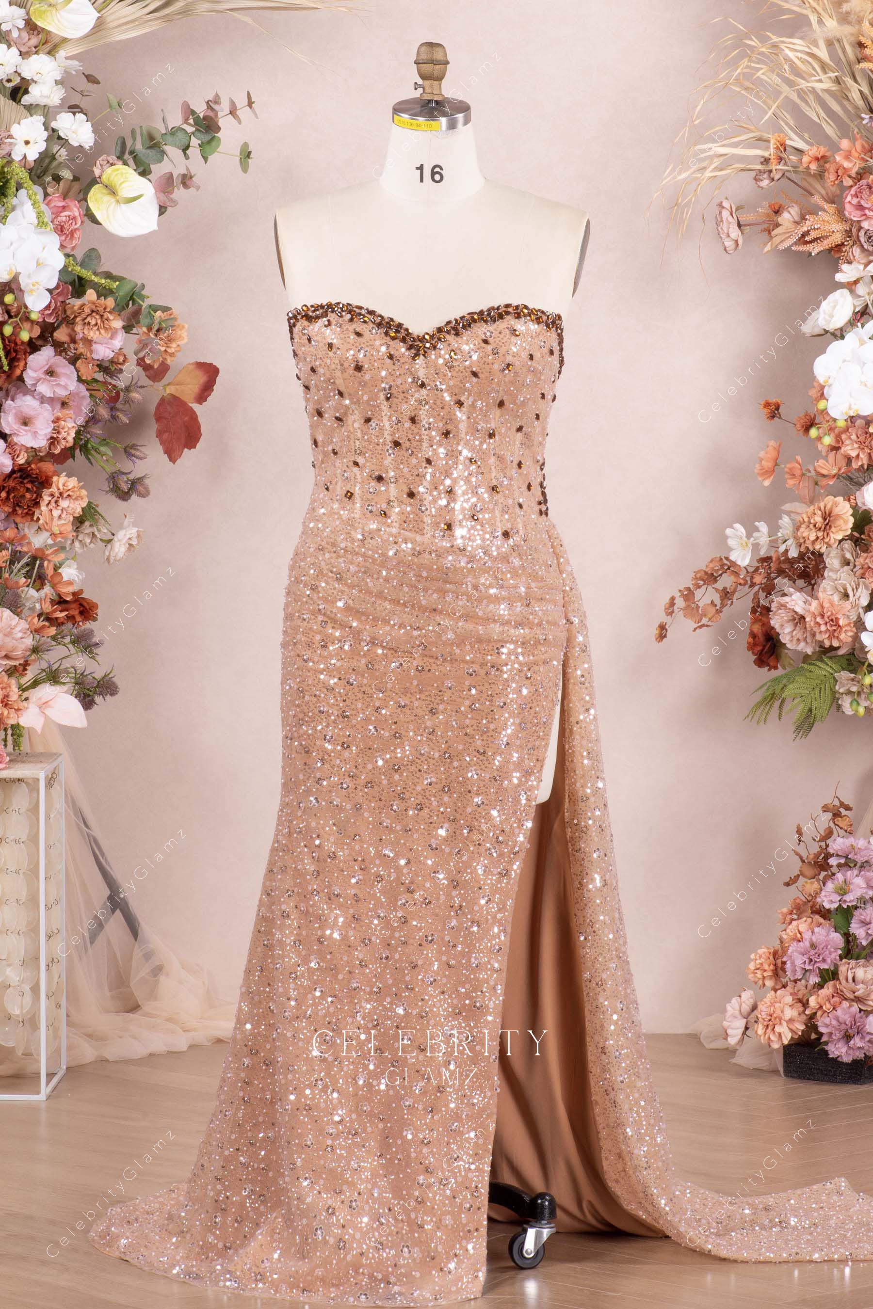 sparkly coffee strapless prom dress