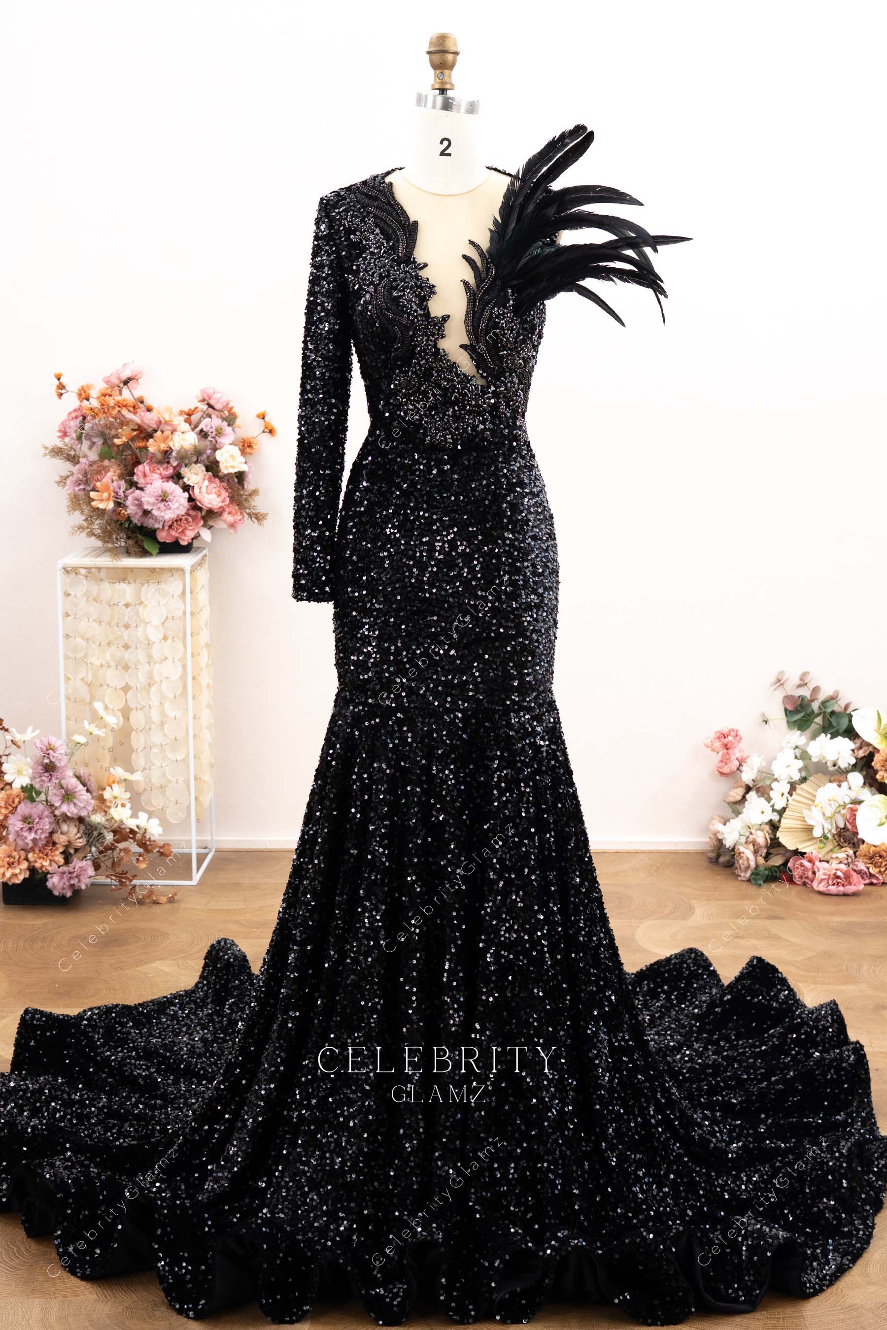 sparkly black sequin trumpet prom dress