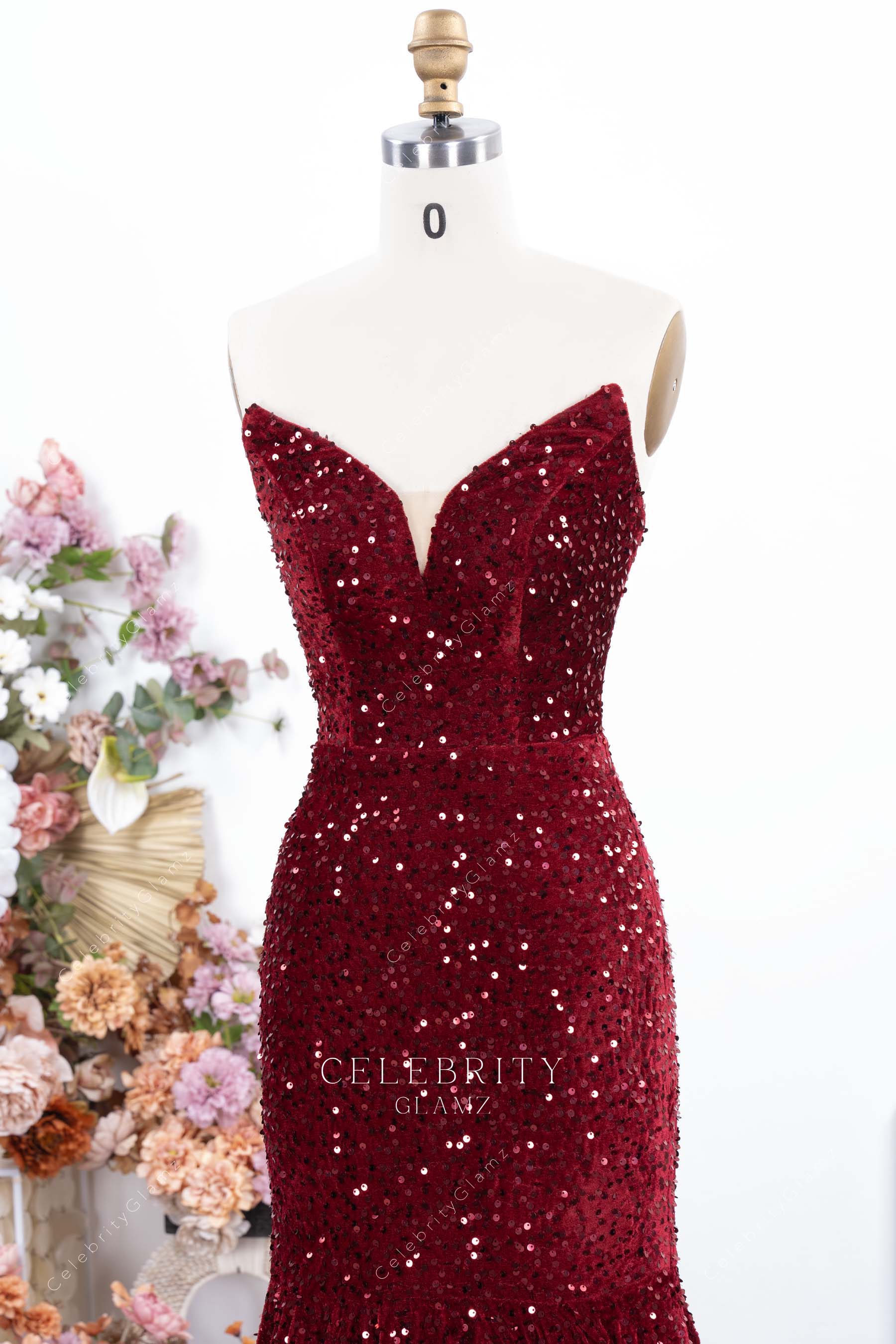 sparkly burgundy sequin prom dress