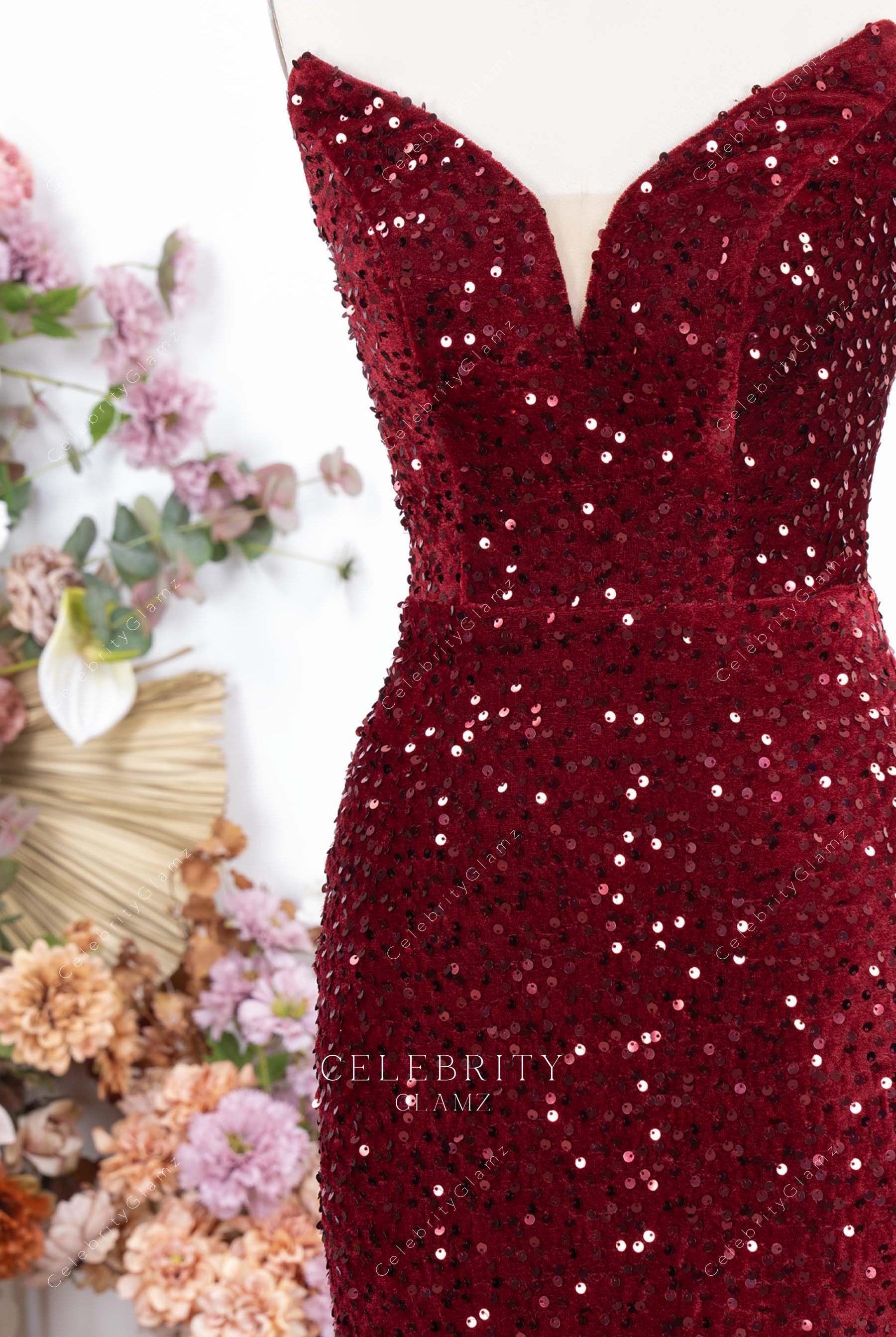 sparkly burgundy sequin v neck prom dress
