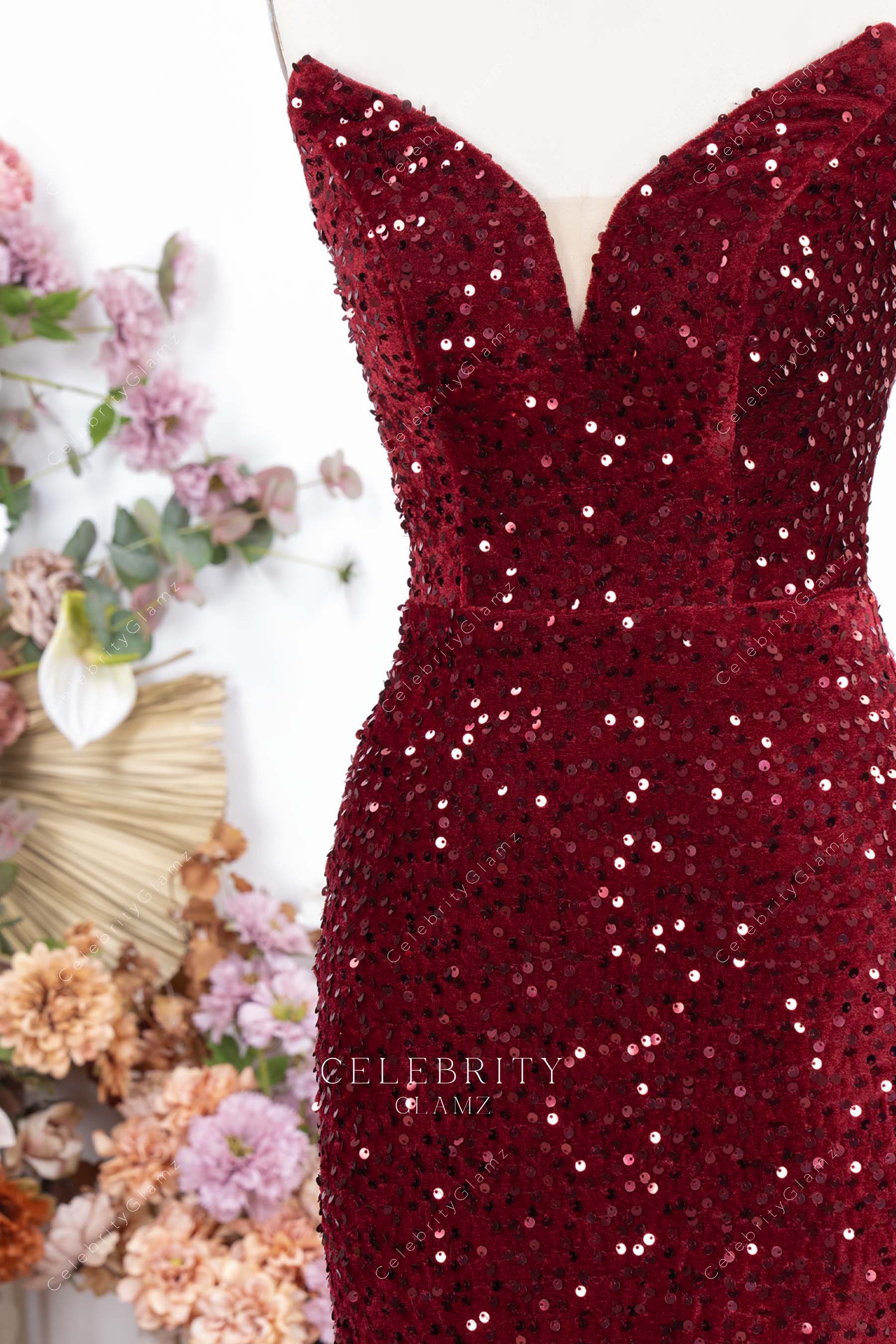 sparkly burgundy sequin v neck prom dress
