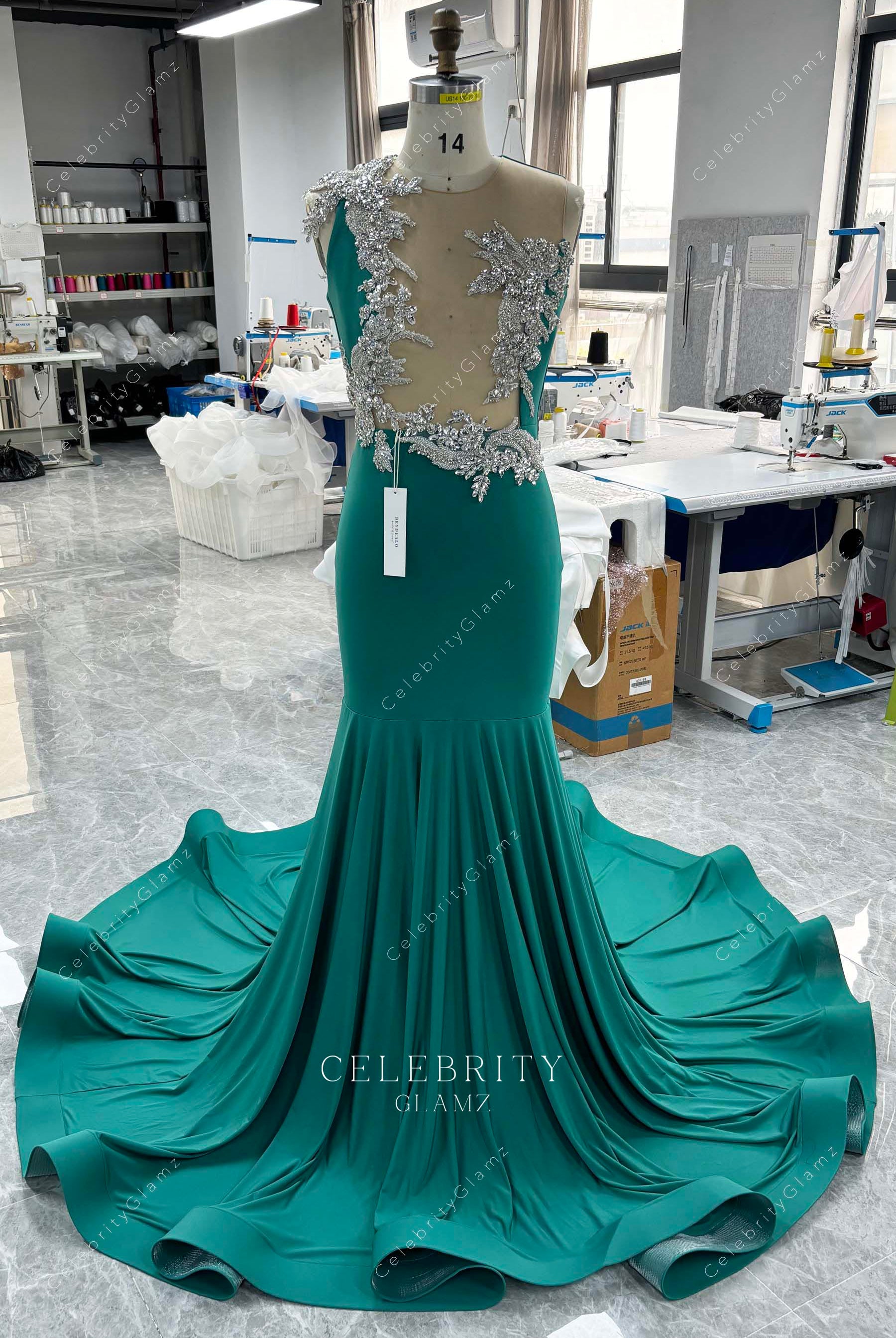 sparkly crystals jade trumpet prom dress