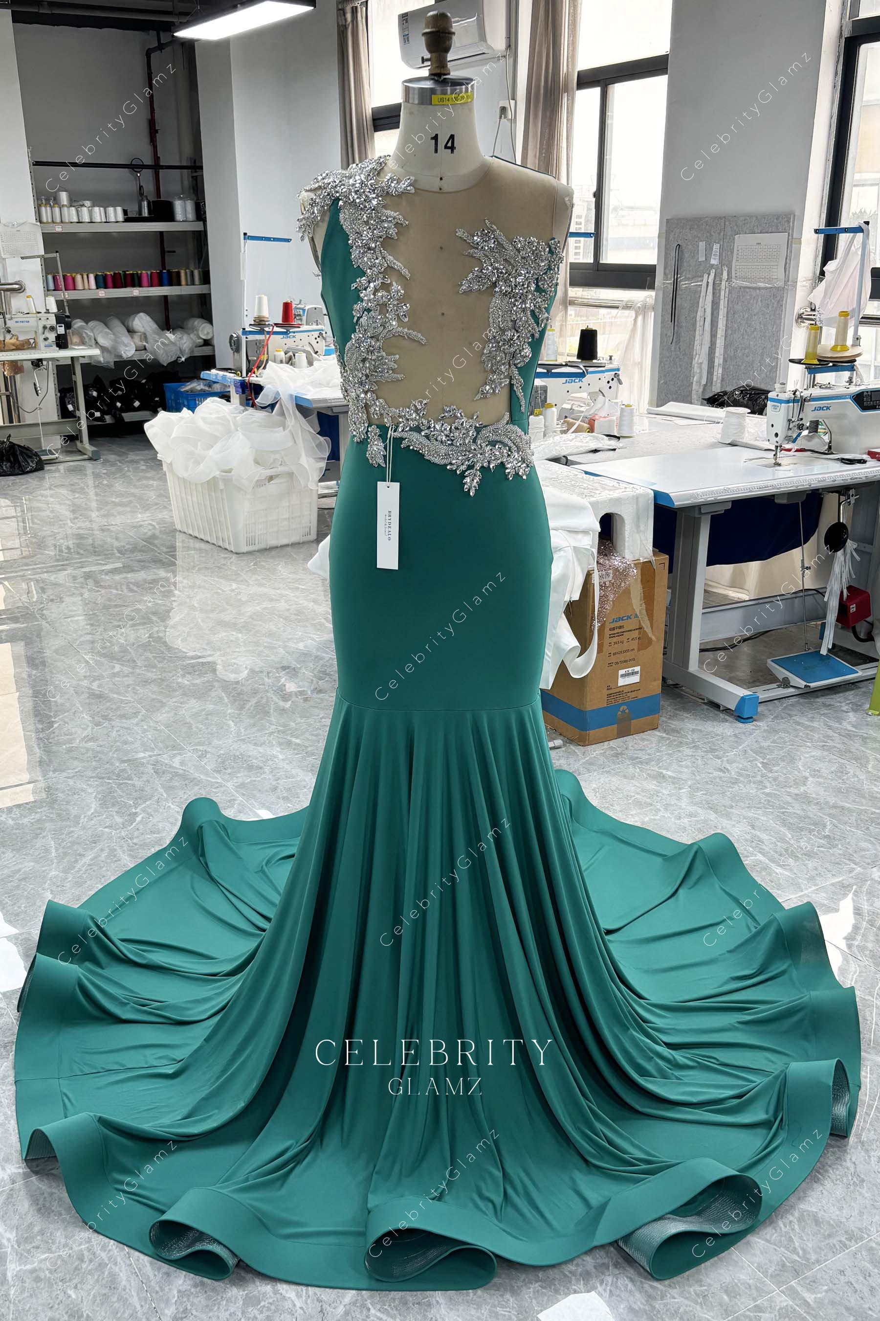sparkly crystals jade trumpet prom dress
