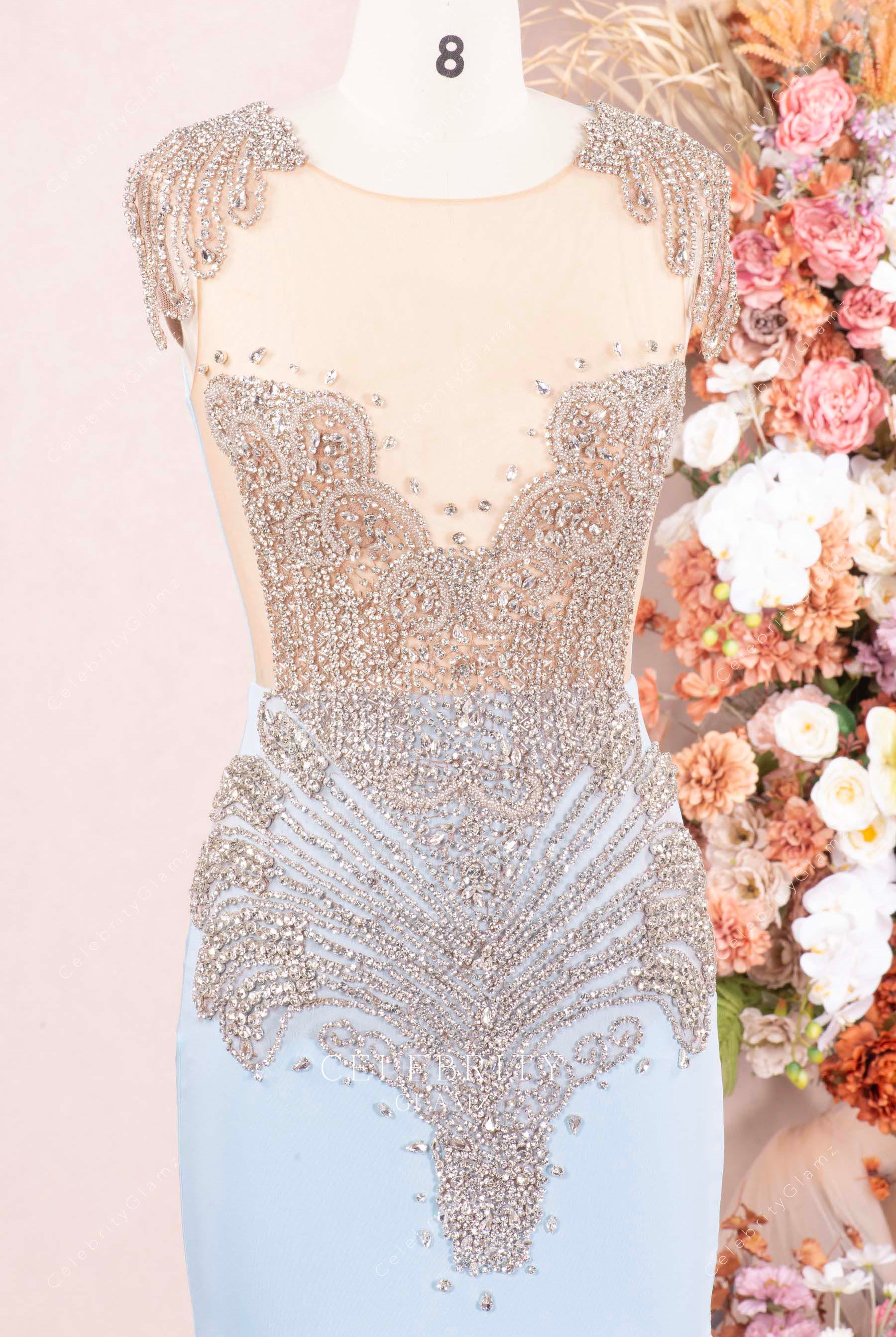 sparkly crystals sky blue prom dress