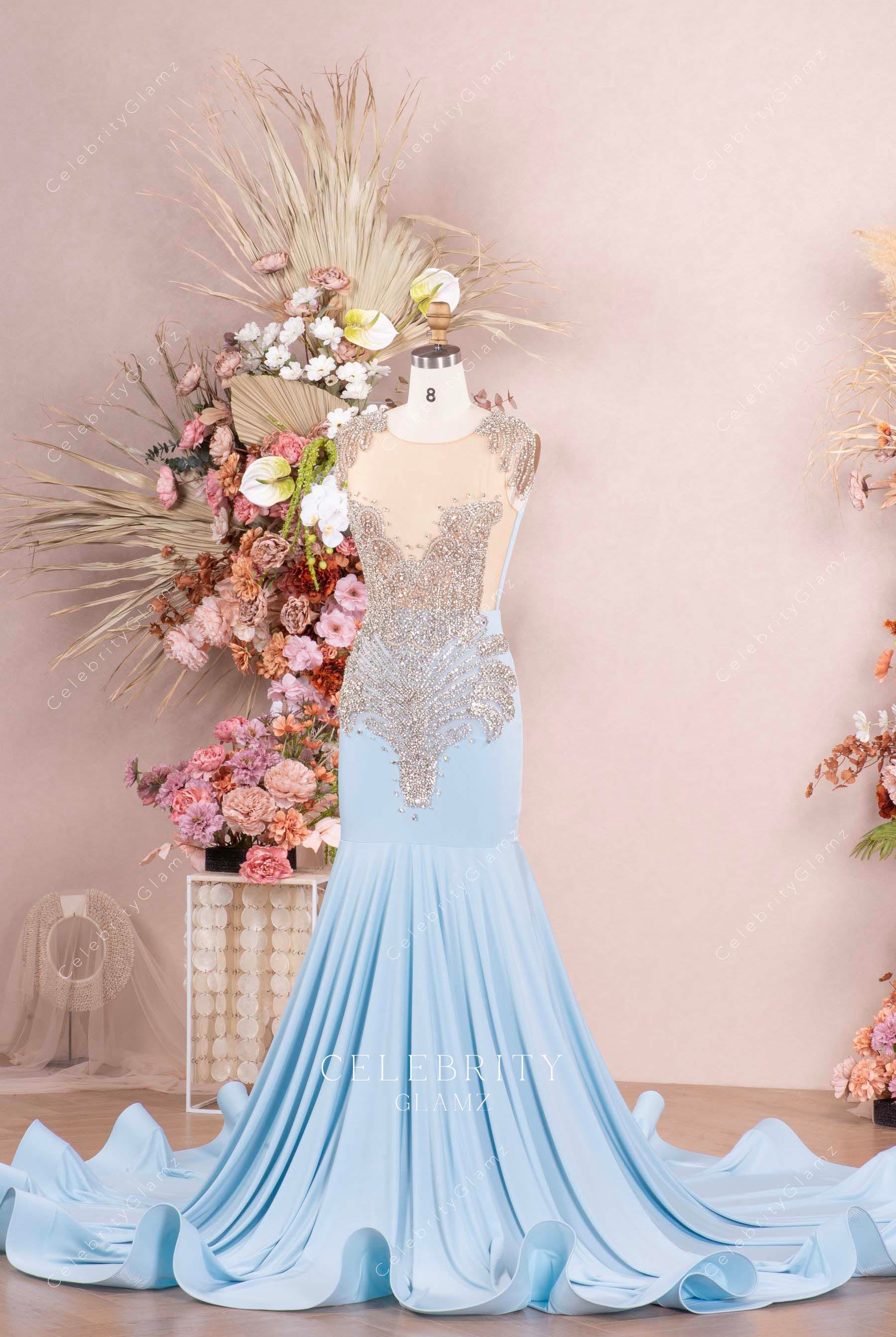 sparkly crystals sky blue sleeveless prom dress