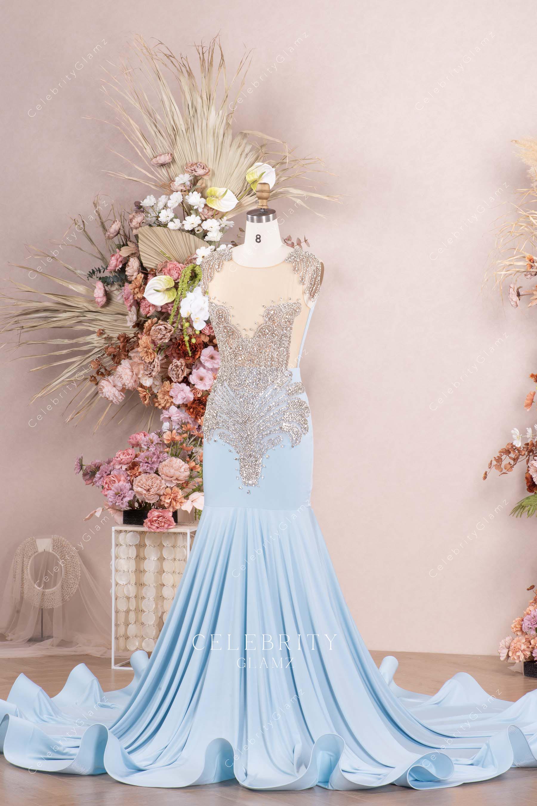 sparkly crystals sky blue sleeveless prom dress