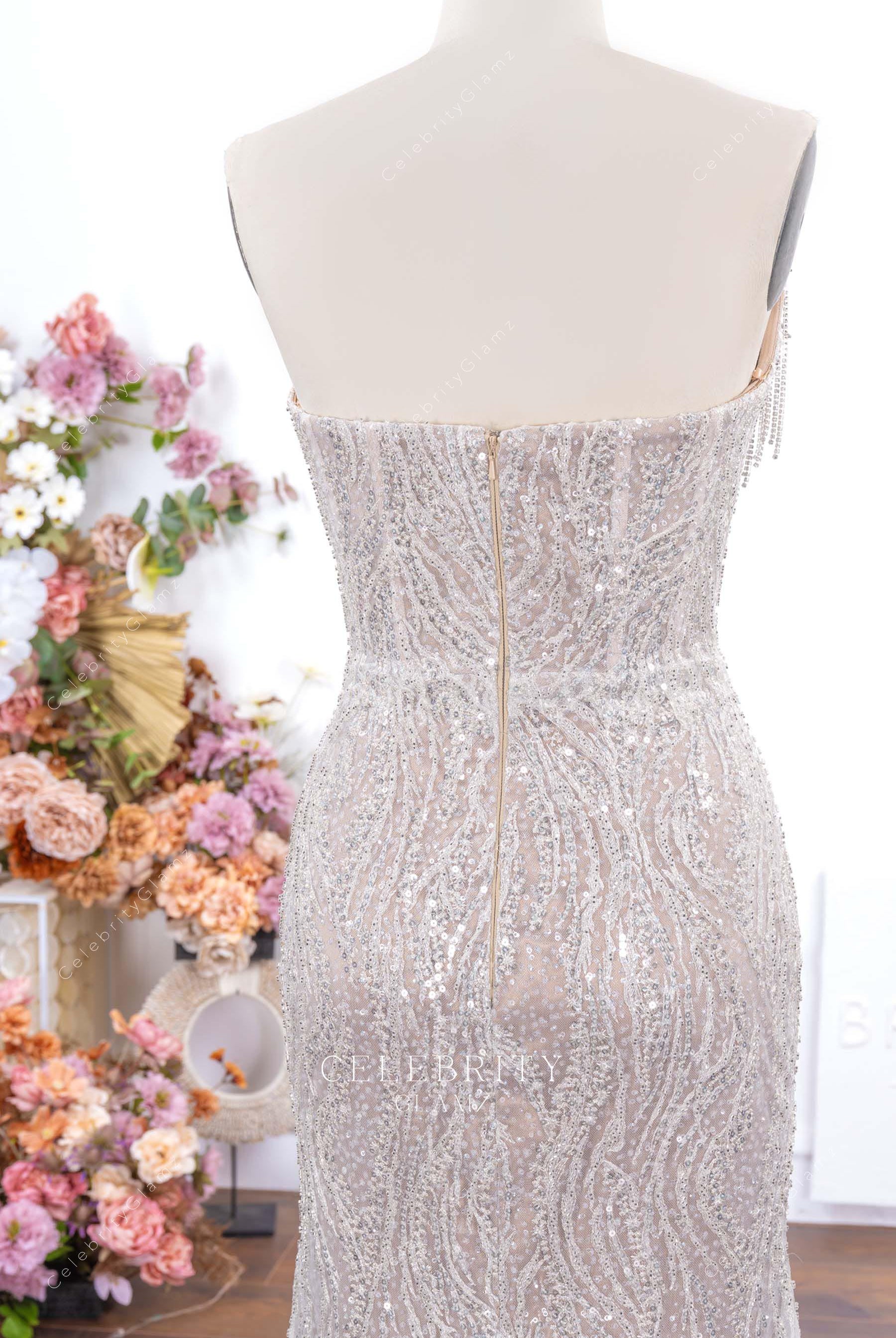 sparkly glitter open back prom gown