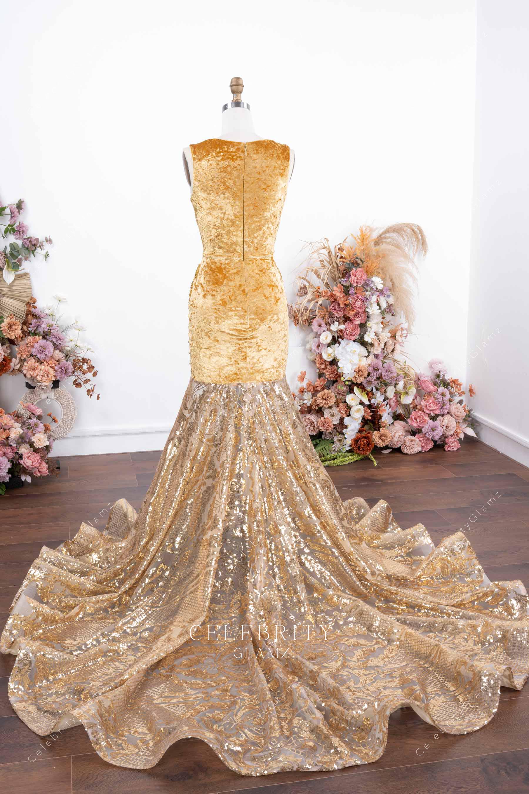 sparkly gold chapel train prom dress