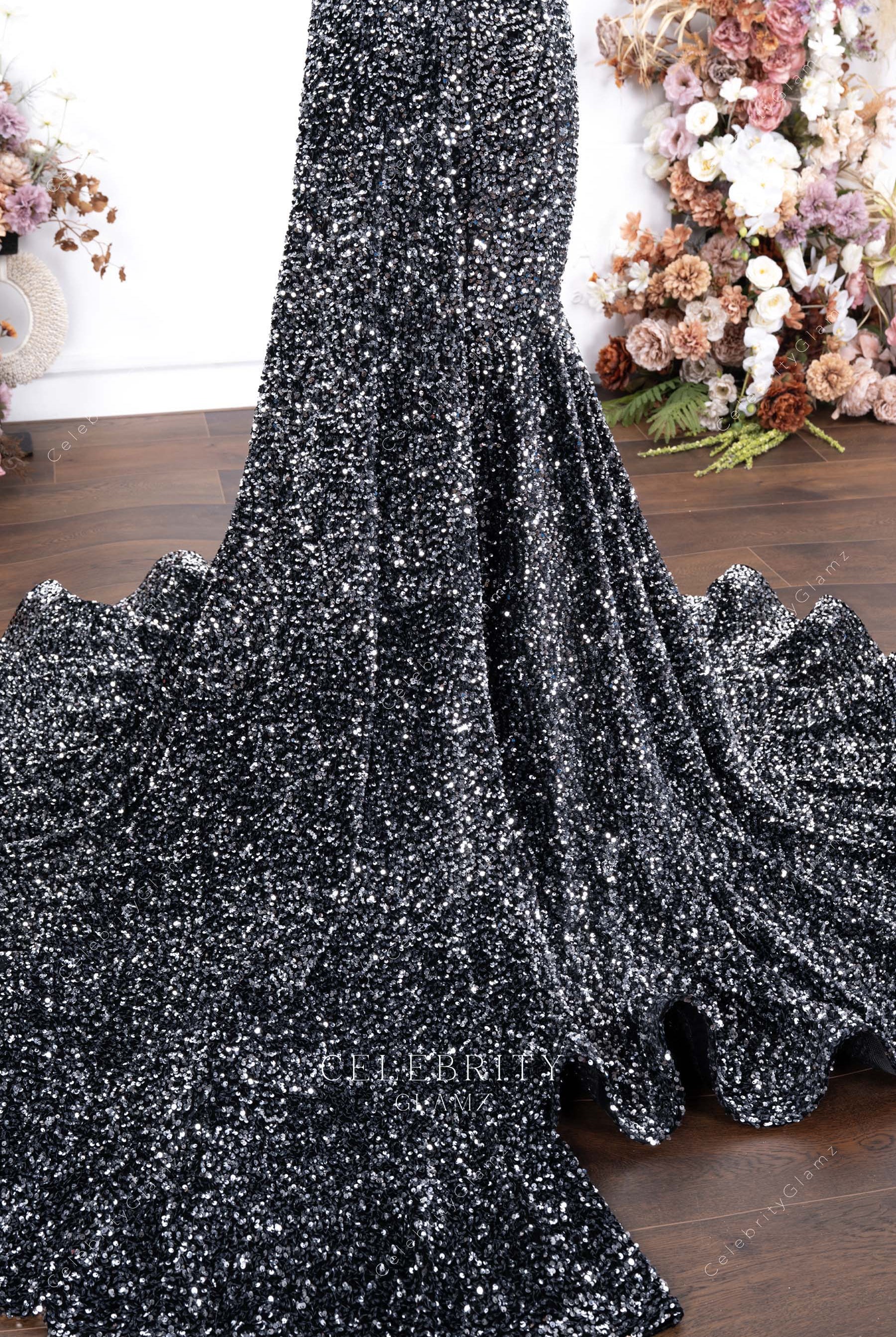 sparkly grey panel train prom dress