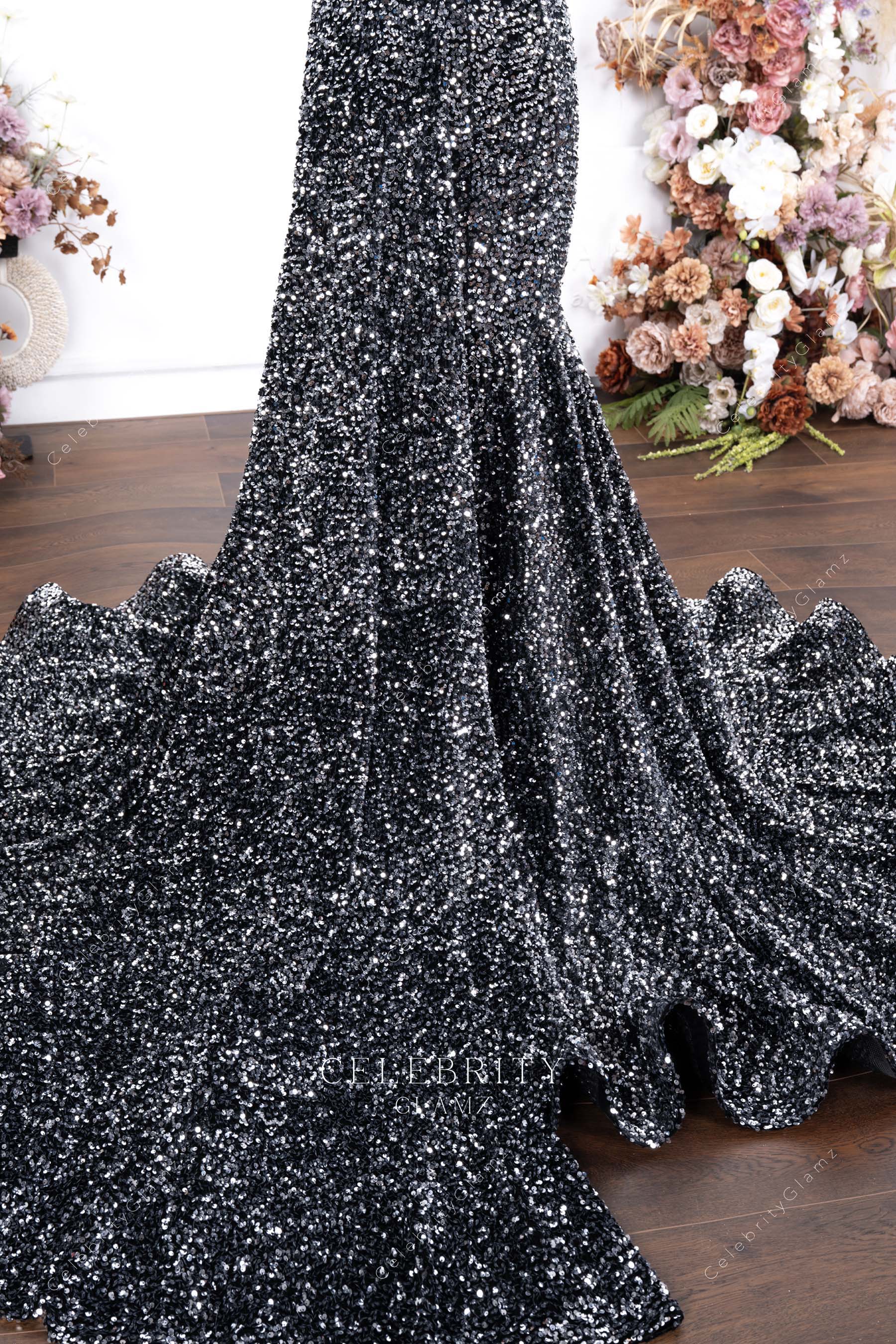 sparkly grey panel train prom dress