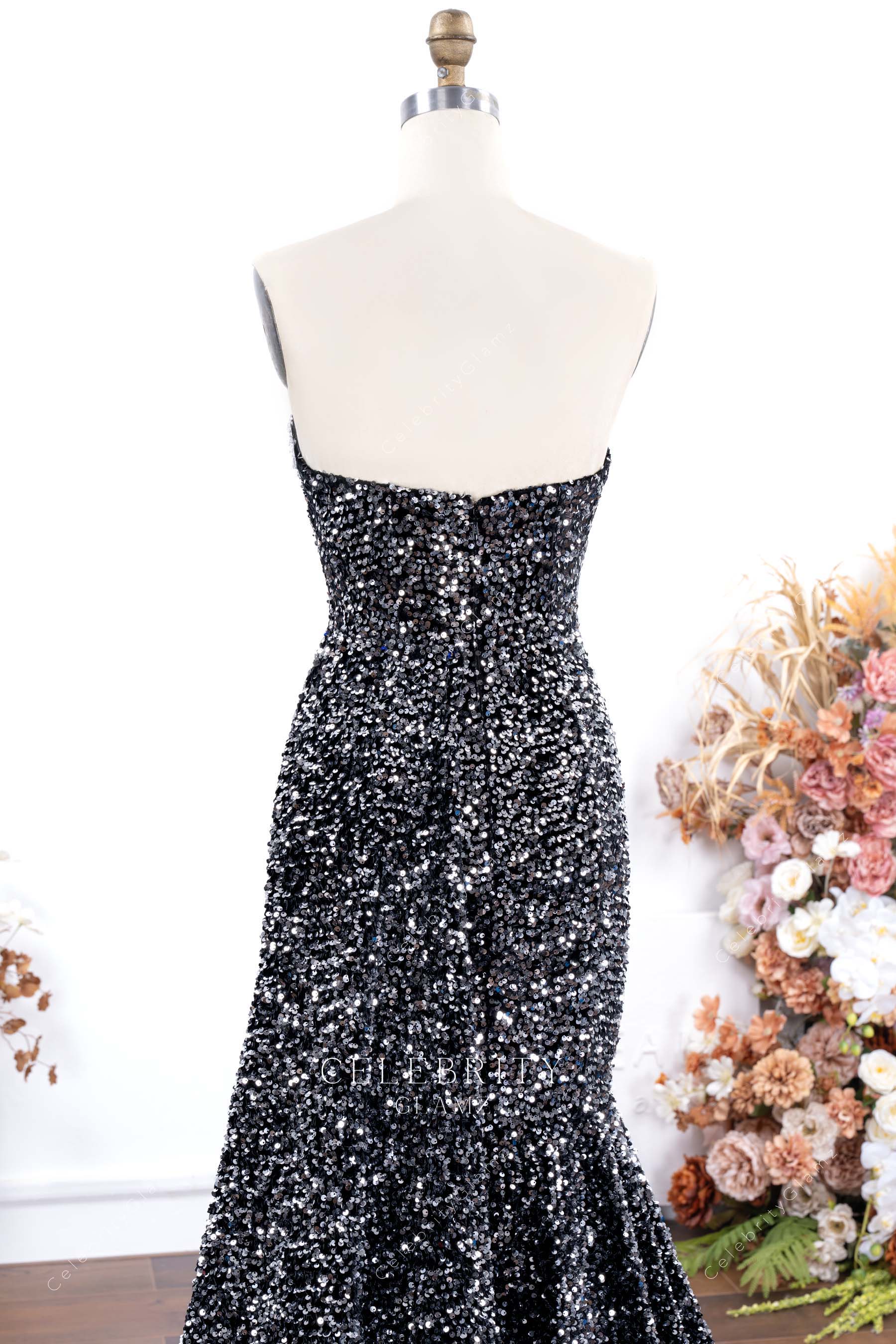 sparkly grey strapless backless prom dress