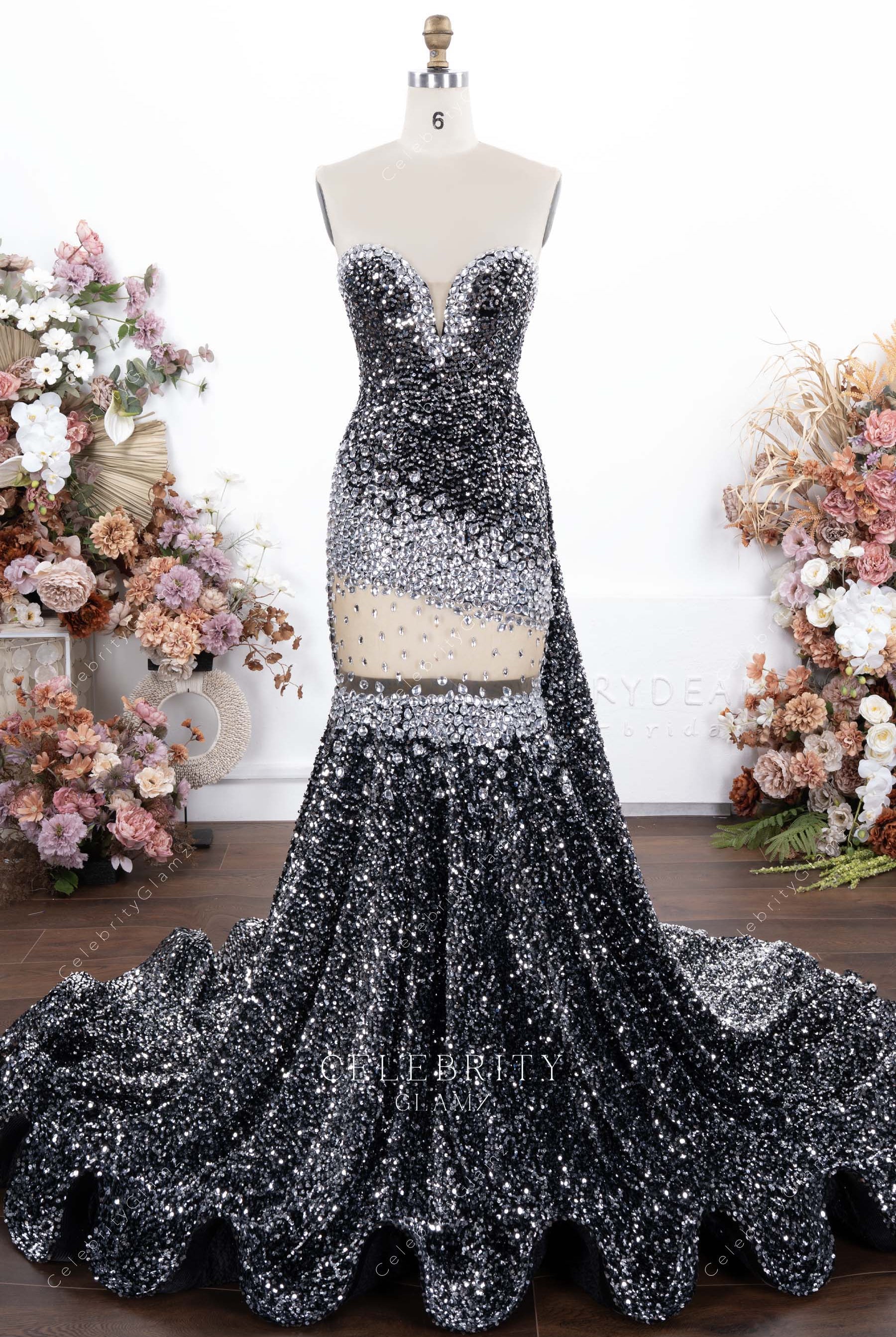 sparkly grey strapless trumpet prom dress