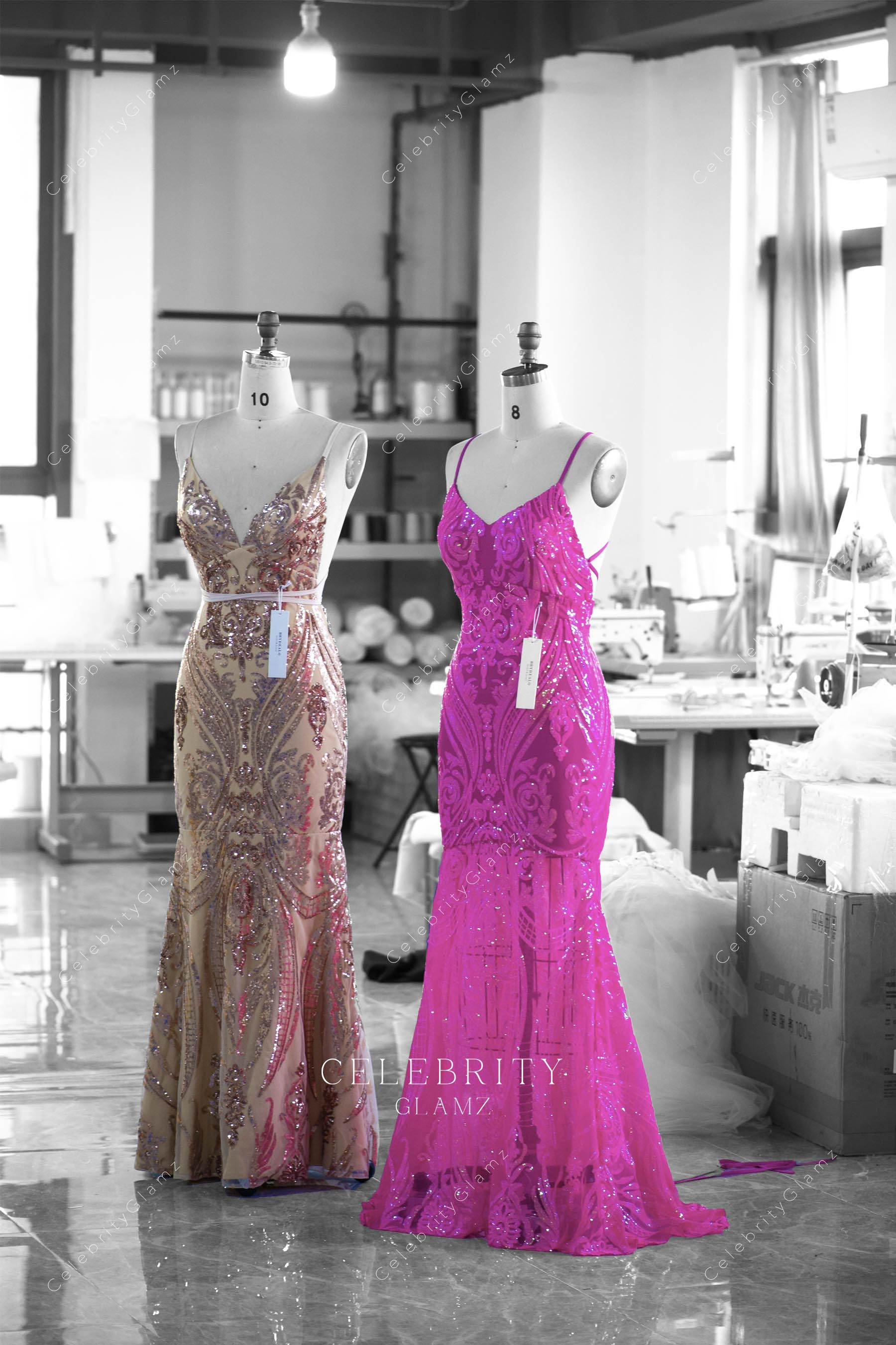 sparkly hot pink mermaid prom dress