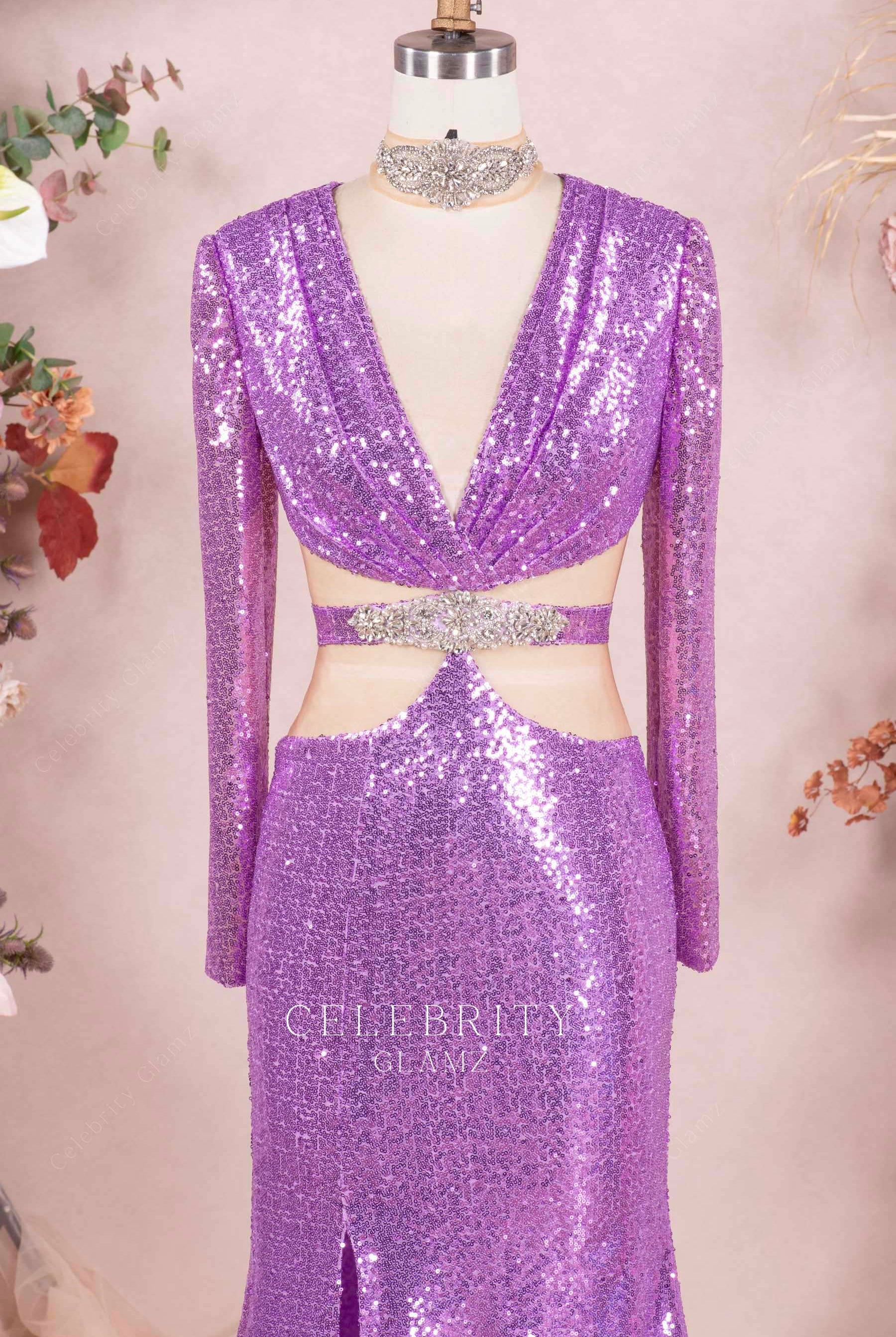 sparkly lilac illusion cutout prom dress